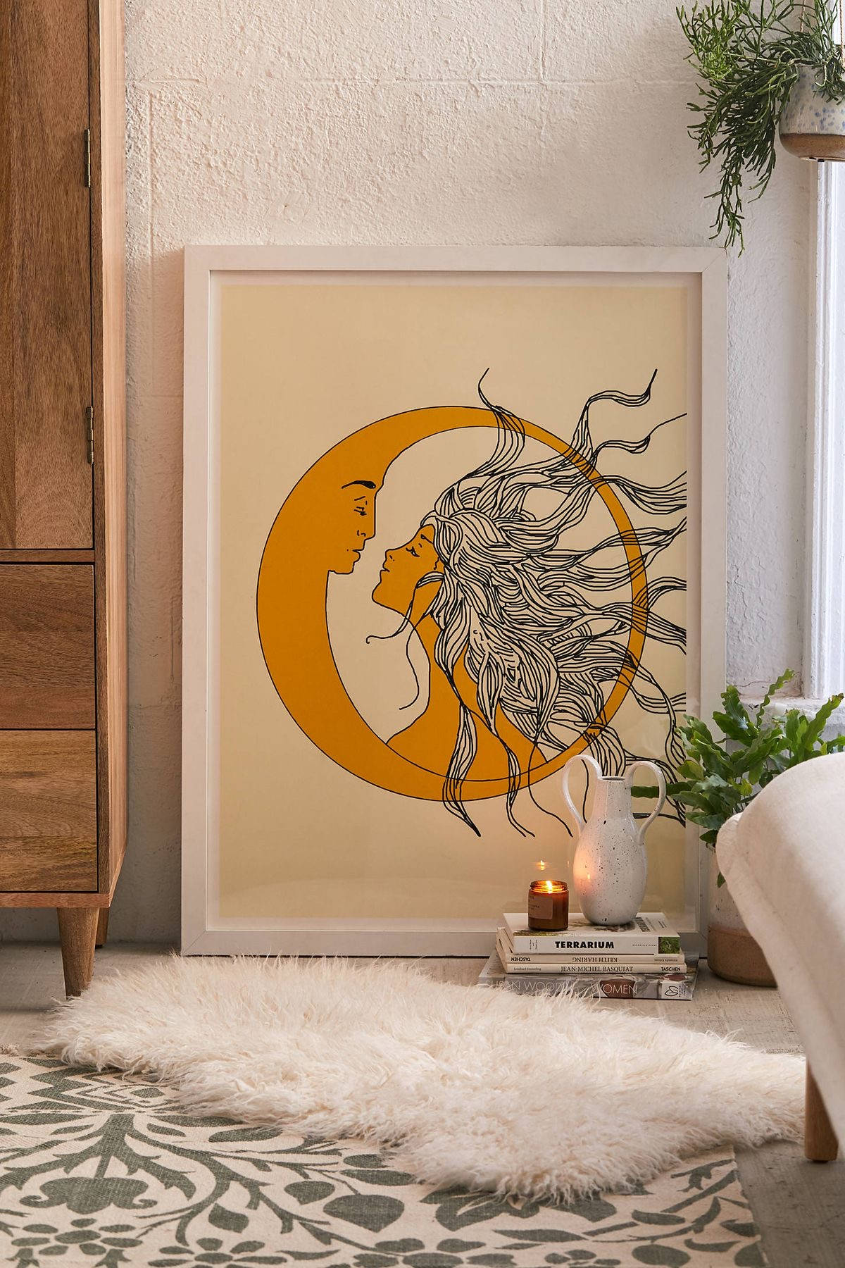 sun and moon couple, crescent moon, cozy room, HD Phone Wallpaper