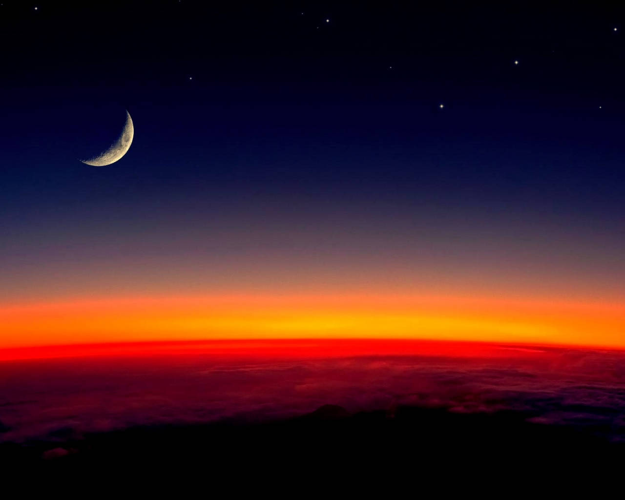 crescent moon, stars, fiery orange and red horizon, HD Desktop Wallpaper
