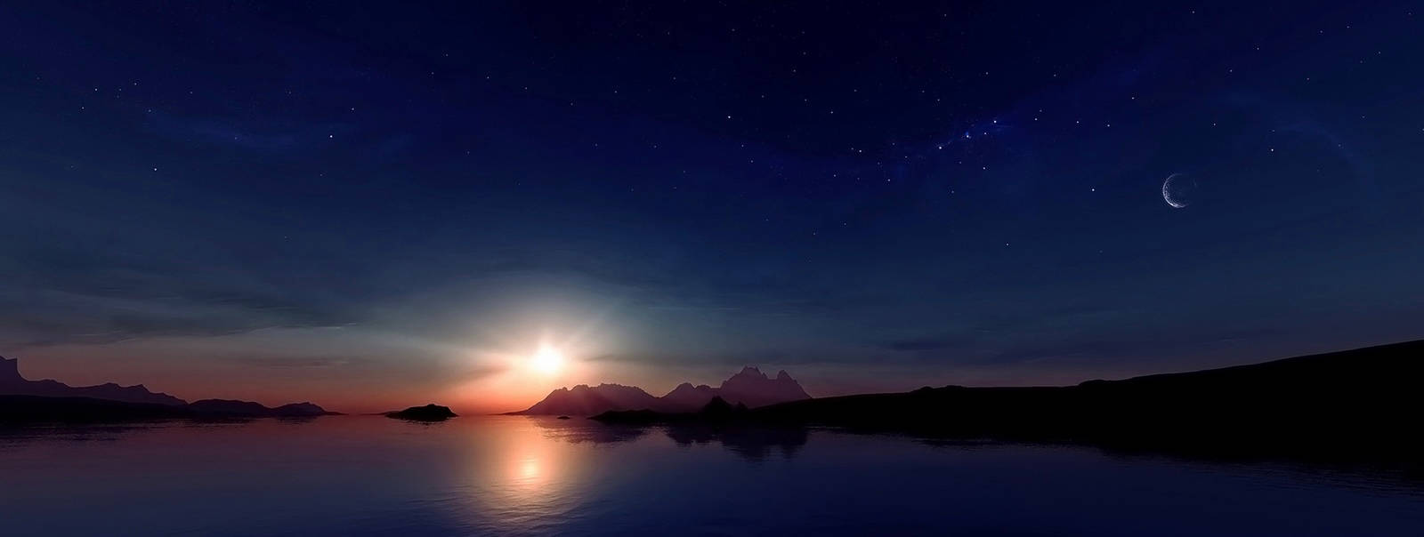 Sun And Moon, twilight lake, glowing sun, HD Desktop Wallpaper