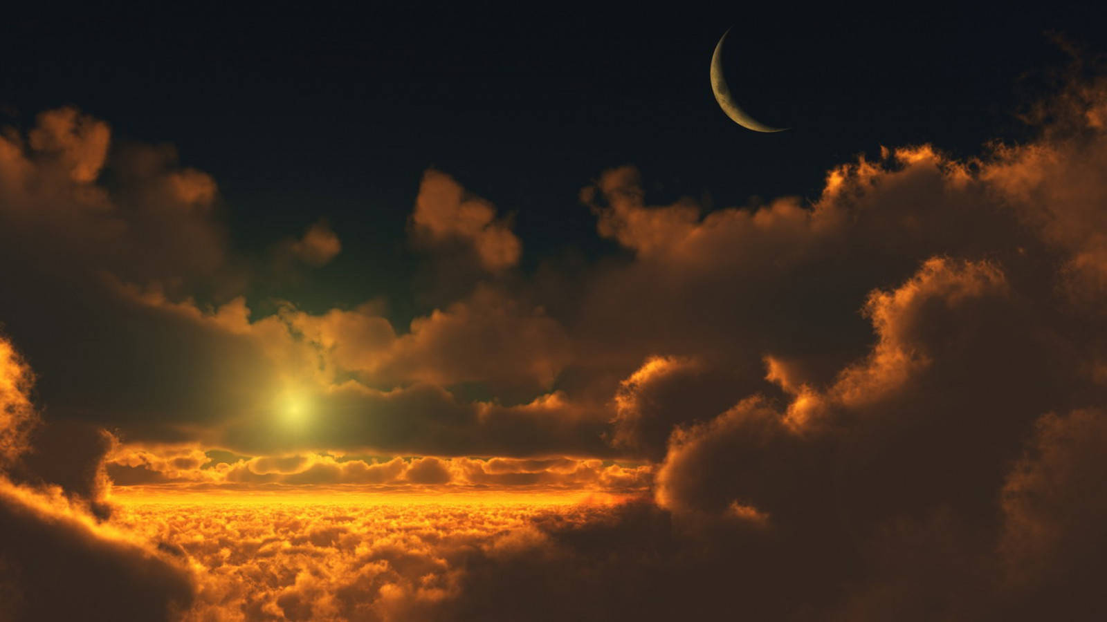 crescent moon, sea of clouds, golden sunset light, HD Desktop Wallpaper