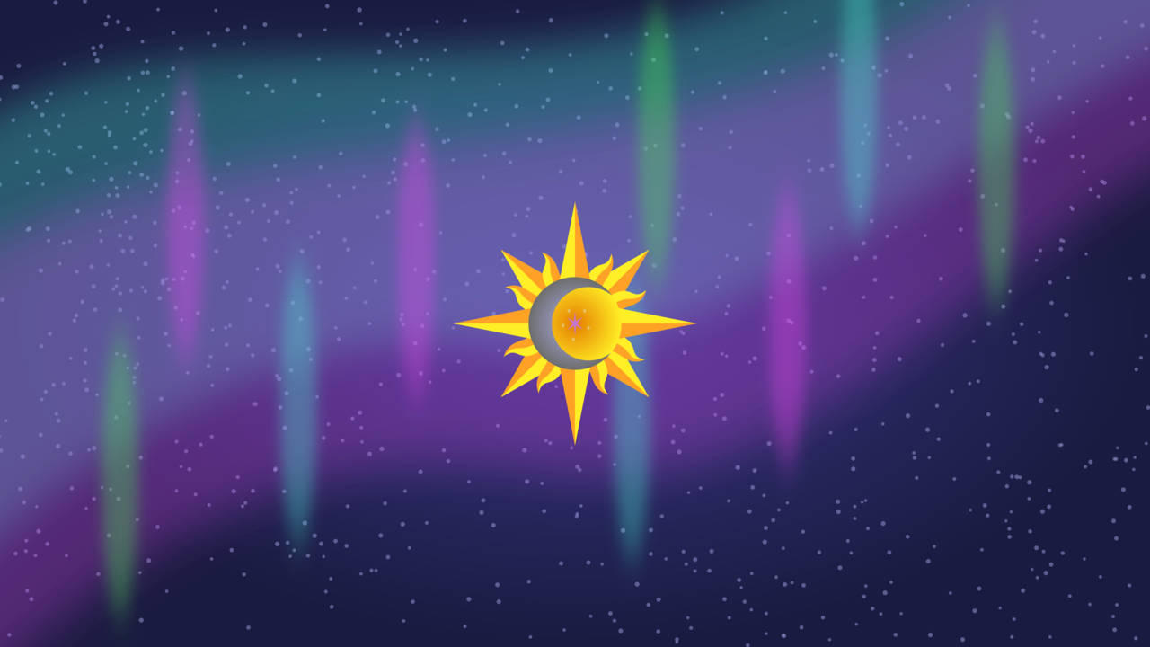 Sun And Moon Emblem, crescent moon, starry purple and teal aurora, HD Desktop Wallpaper