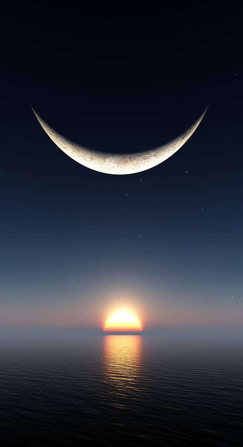 crescent moon, glowing sunrise, calm ocean waters, HD Phone Wallpaper