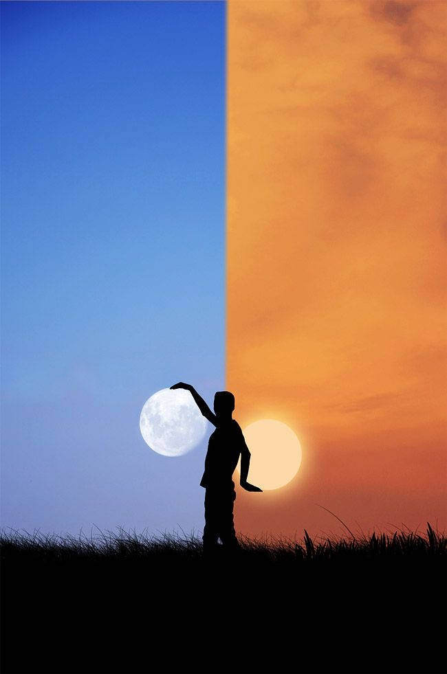 sun, moon, blue and orange sky, SD Phone Wallpaper