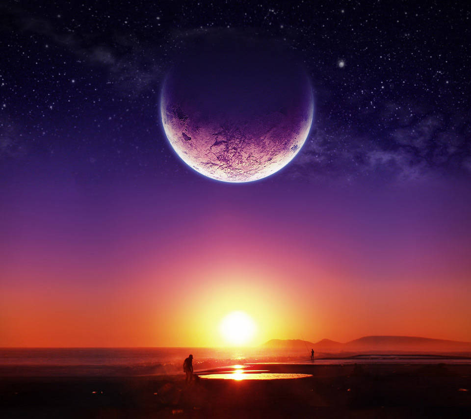 Sun And Moon, purple planet, vibrant sunset sky, SD Desktop Wallpaper