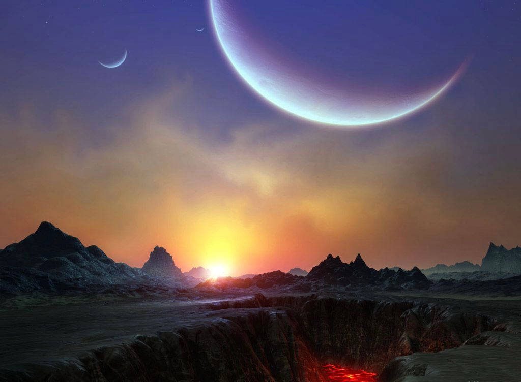 Sun And Moon, volcano, crescent moon, SD Desktop Wallpaper