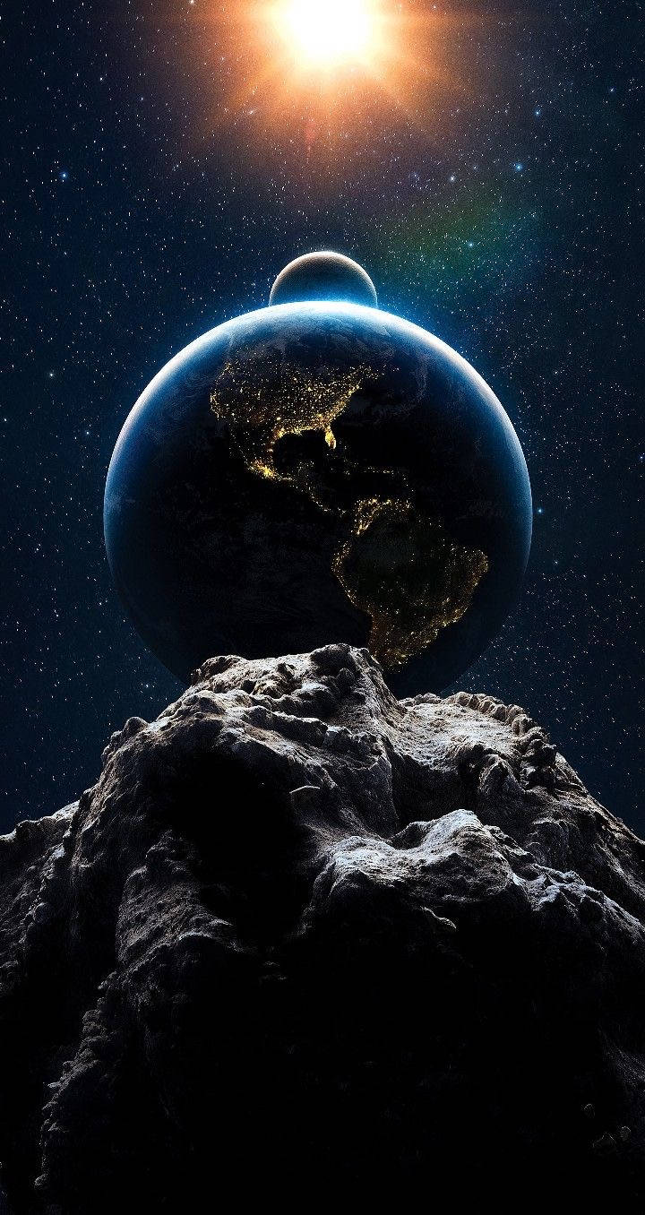 Sun And Moon, Earth, rugged asteroid, HD Phone Wallpaper