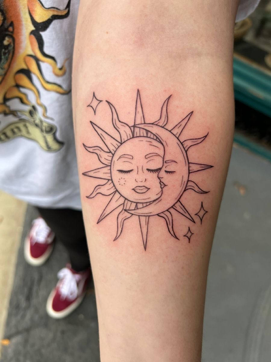 sun and moon tattoo, black ink, closed eyes, SD Phone Wallpaper