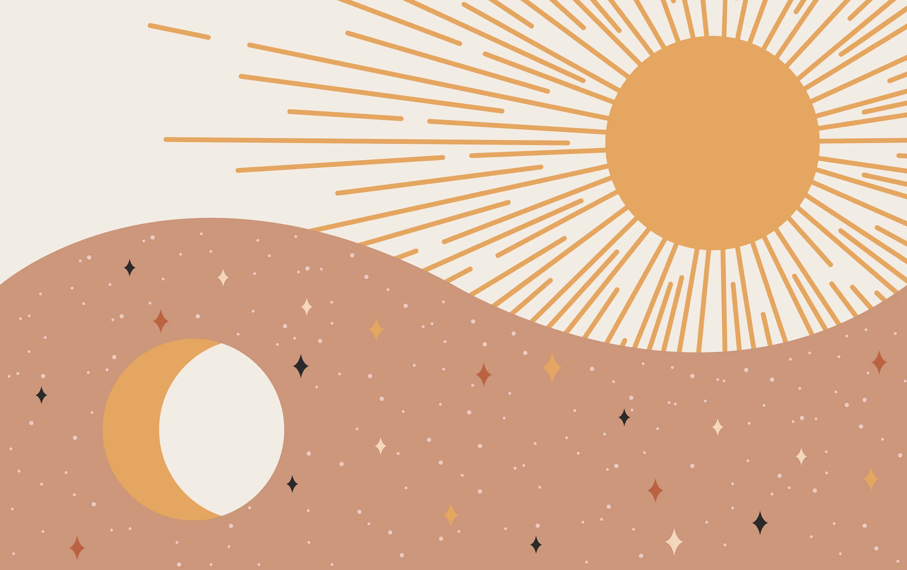 Bohemian Sunand Moon Illustration, desert landscape, radiant sun, 2K Desktop Wallpaper