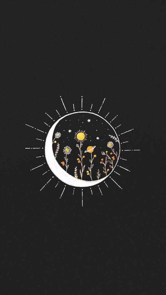 crescent moon, miniature cosmos, sun flowers, SD Phone Wallpaper