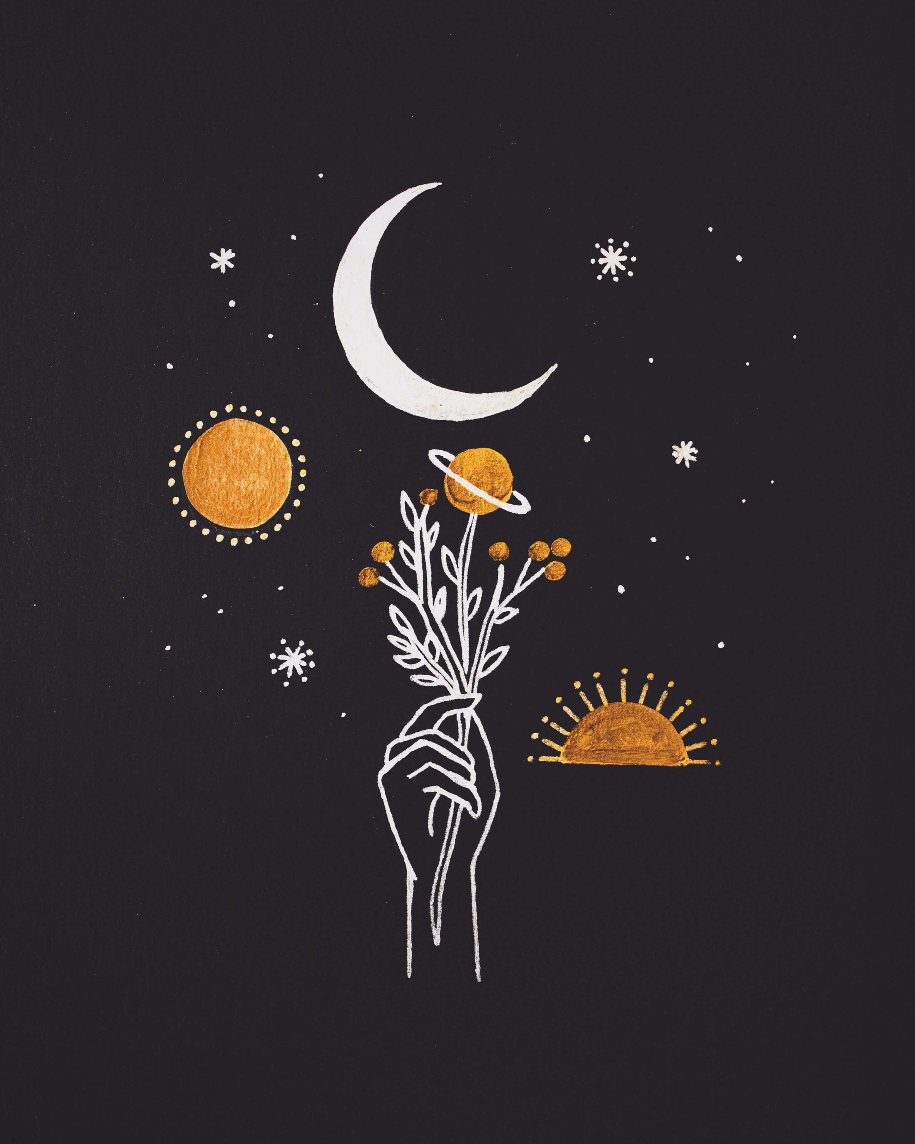 Sun and Moon, crescent moon, starry night sky, 4K Phone Wallpaper