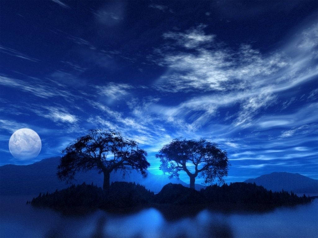 Blue Sky Moon, misty island, vast moonlit sky, SD Desktop Wallpaper