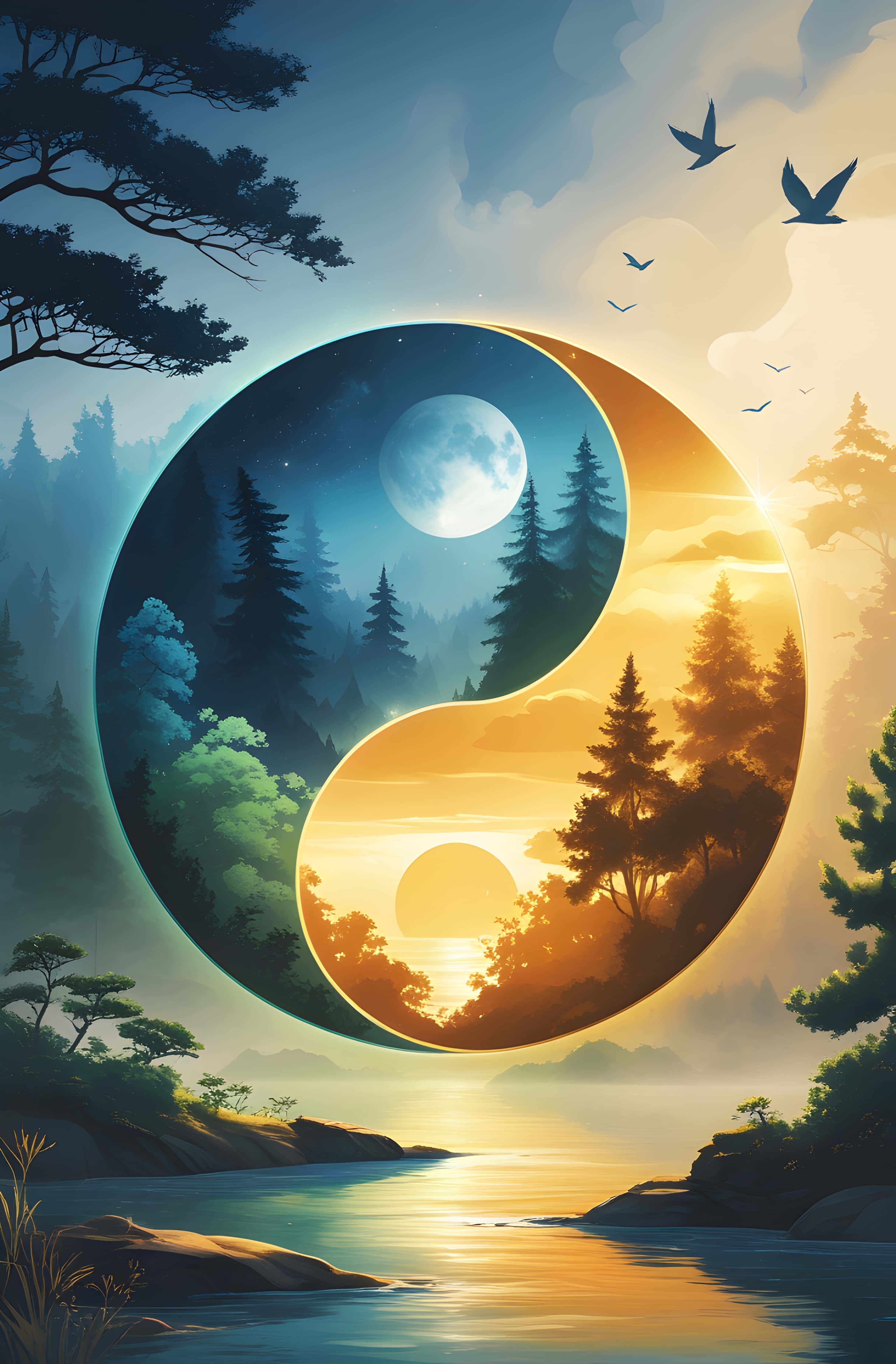 yin yang symbol, night, moon, 4K Phone Wallpaper