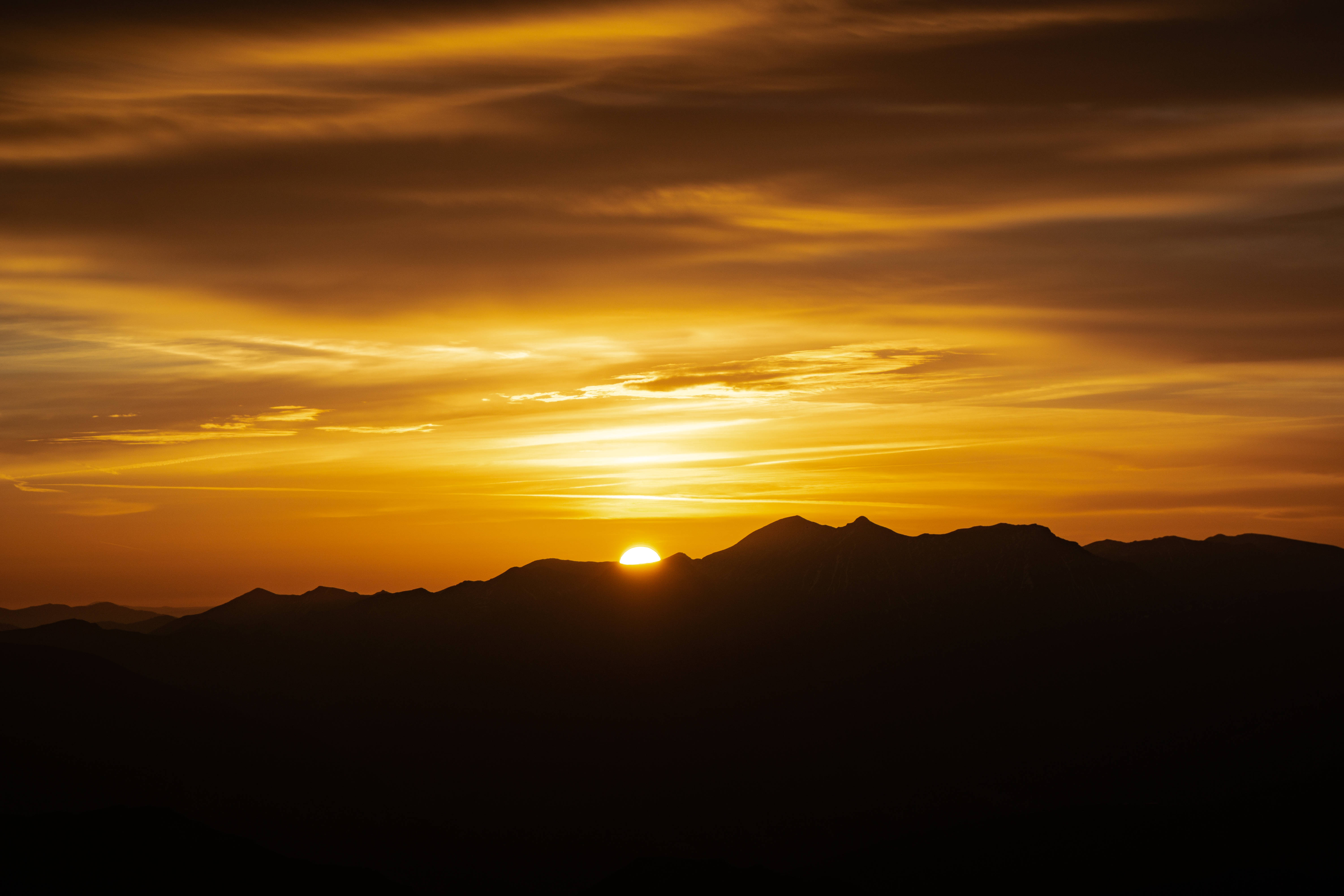Sun HD, fiery orange sun, mountain silhouettes, 5K Desktop Wallpaper