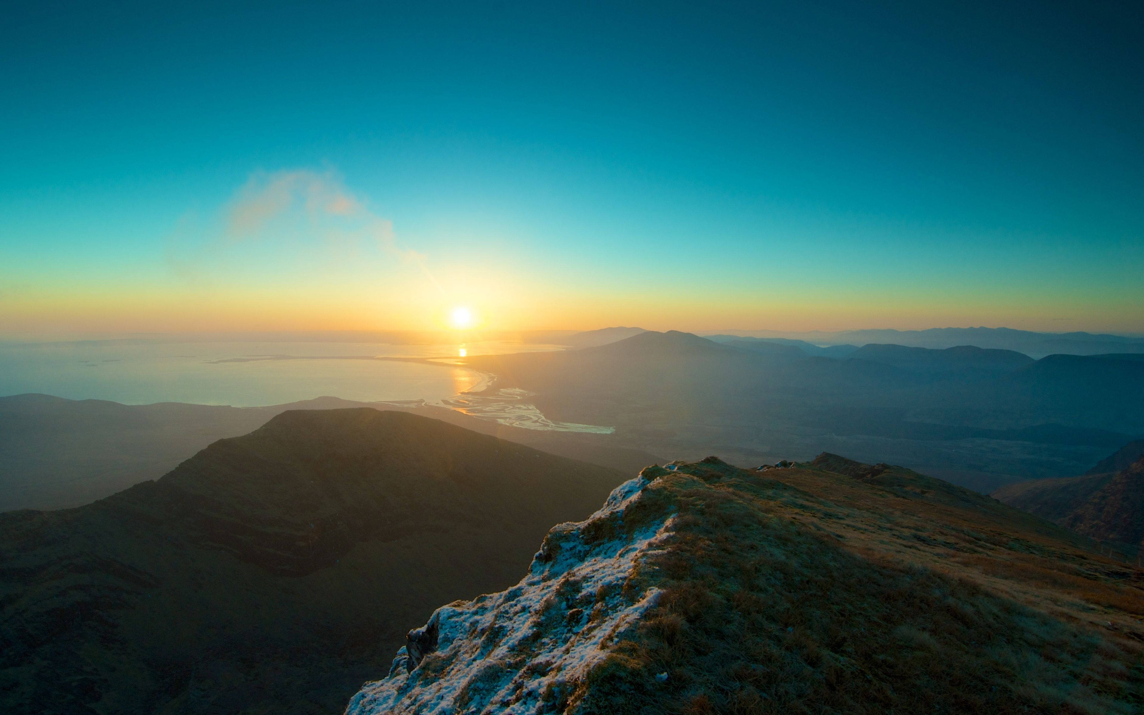 Sunset, mountain ridge, distant peaks, 4K Desktop Wallpaper