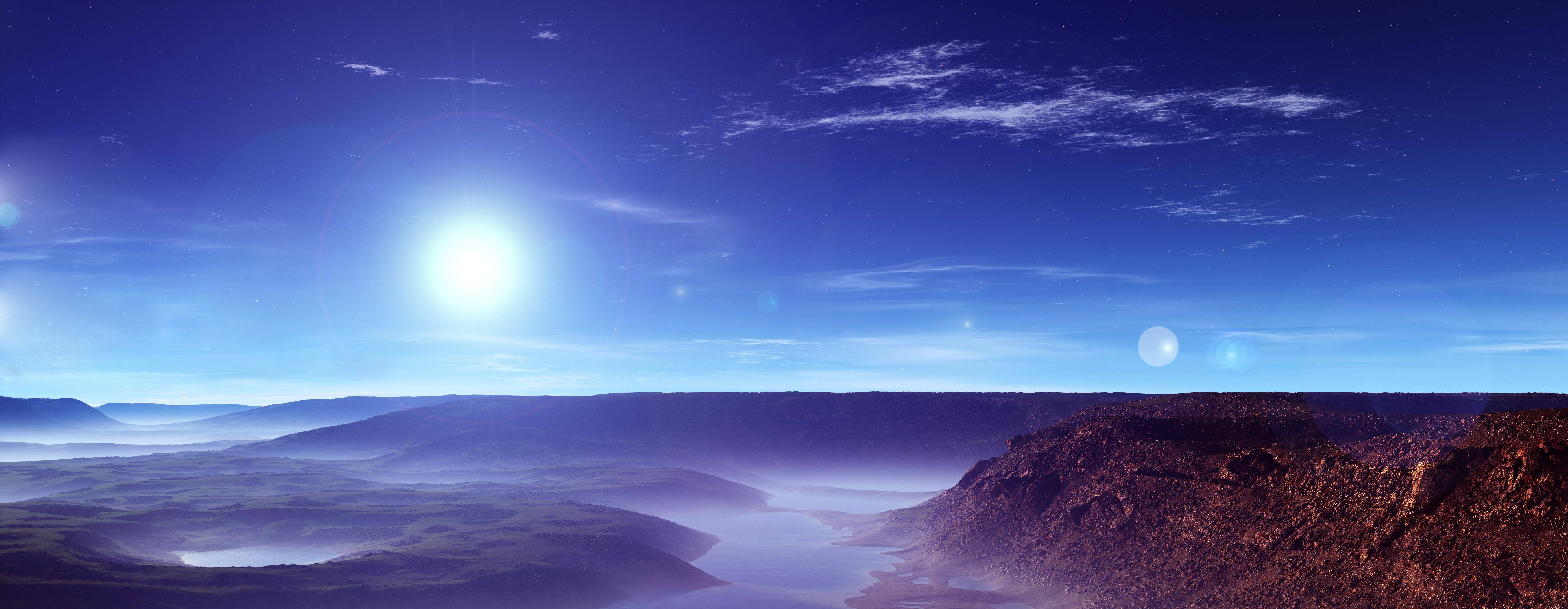 Bright Sun 4K Ultra Widescreen, alien valley, glowing sun, 5K Desktop Wallpaper