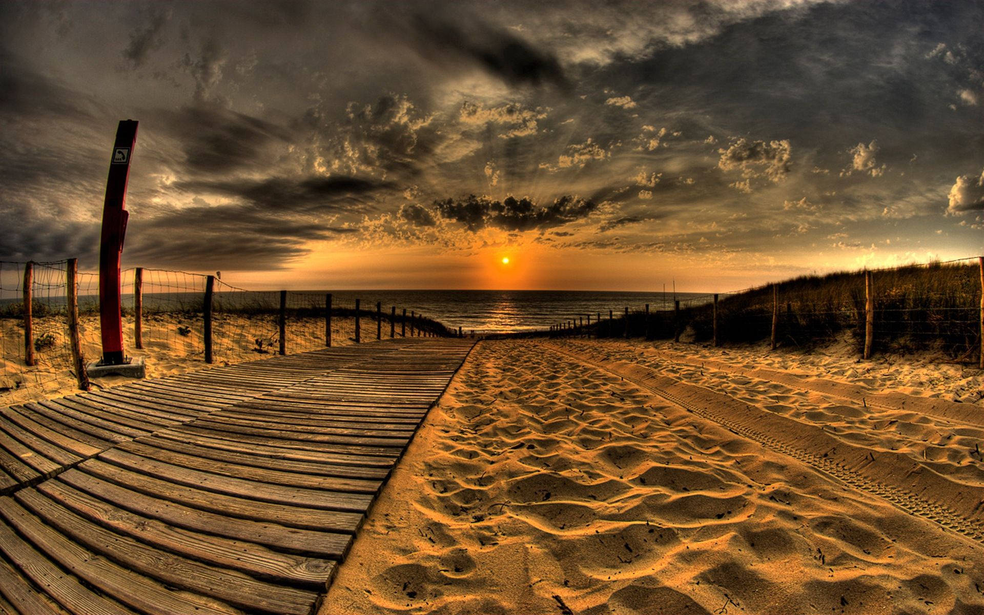 Panoramic Beach Sunset Desktop, wooden boardwalk, golden sand, Full HD Desktop Wallpaper