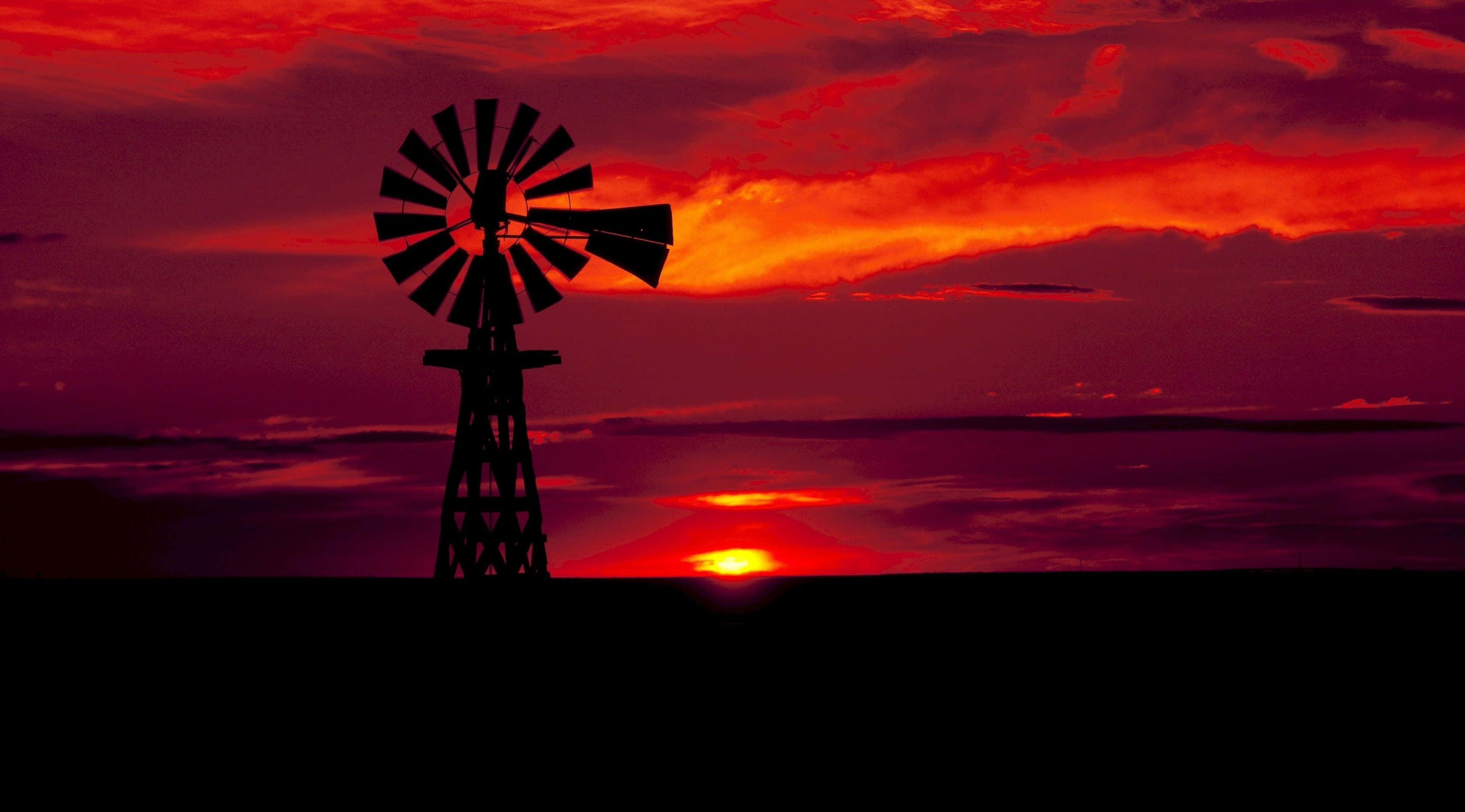 red sunset, fiery red and orange sunset sky, windmill silhouette, 4K Desktop Wallpaper
