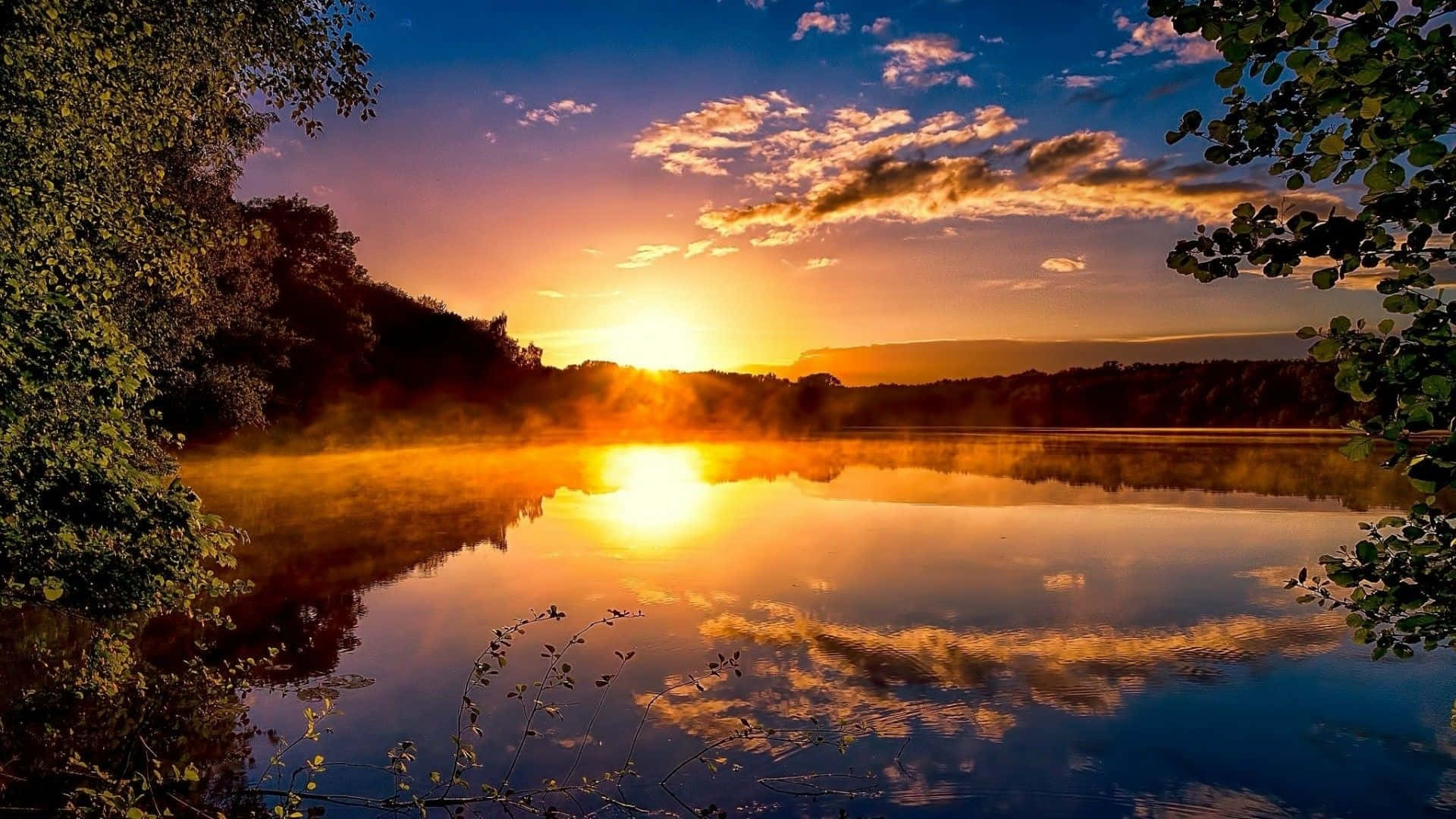 sun rise, golden sunrise, misty lake, Full HD Desktop Wallpaper