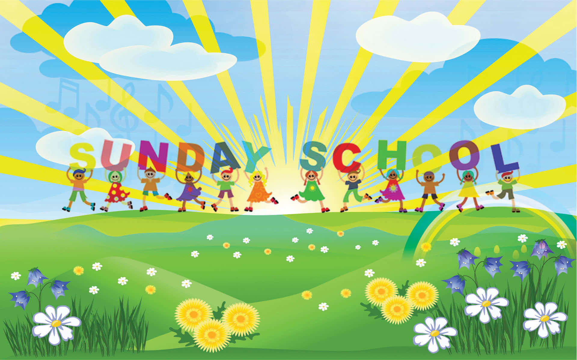 Sunday School, sunburst, floral meadow, Full HD Desktop Wallpaper