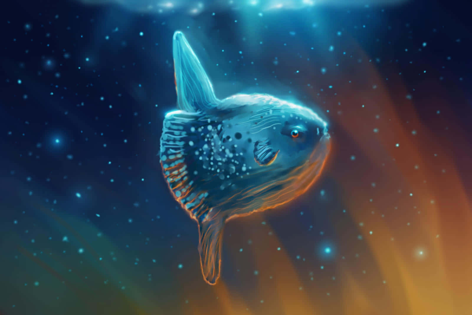 Cosmic Sunfish, glowing blue, orange, HD Desktop Wallpaper