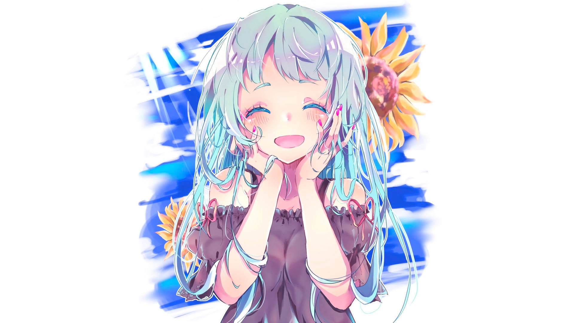 smiling blue sunflower laptop, teal hair, sunflowers, Full HD Desktop Wallpaper