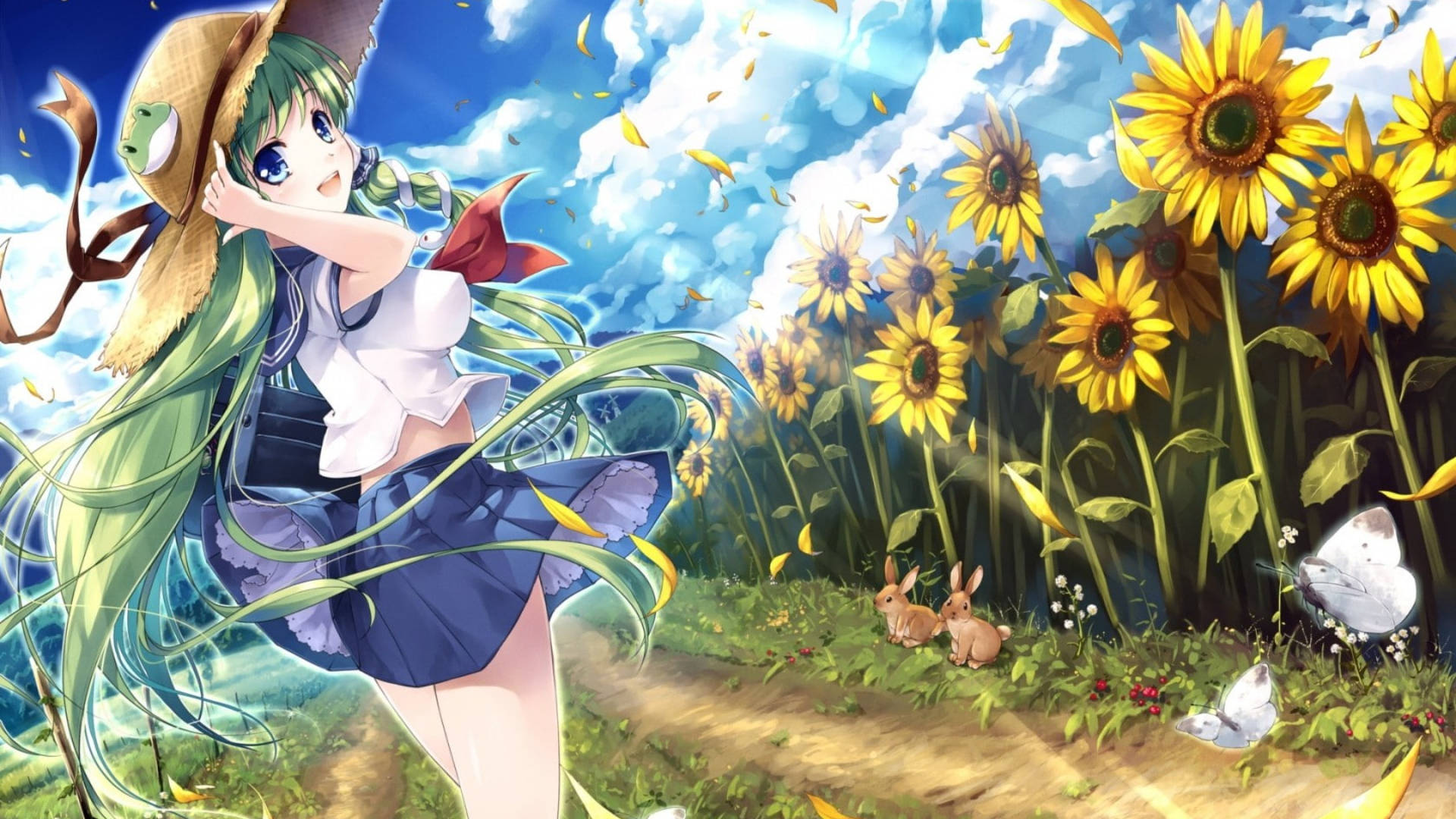 green hair, straw hat, anime girl, Full HD Desktop Wallpaper