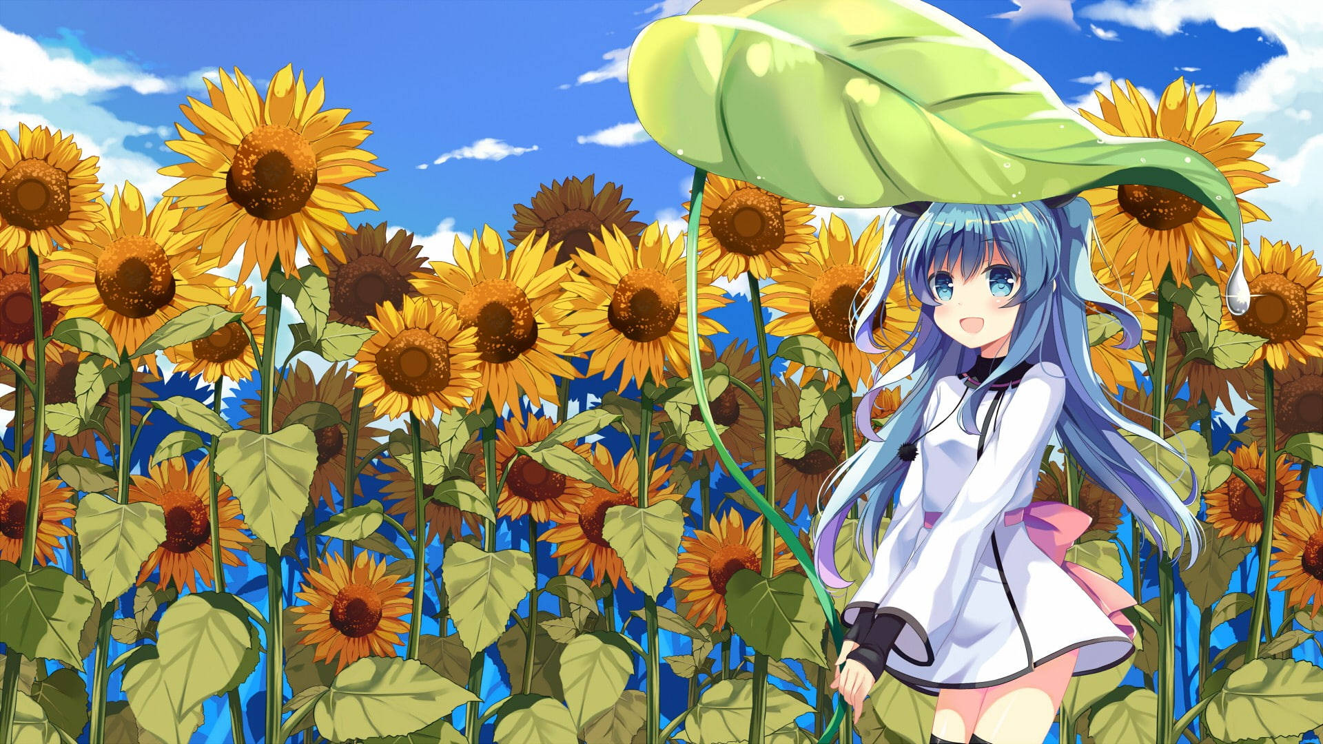 Large Leaf Sunflower Laptop, anime girl, blue hair, Full HD Desktop Wallpaper