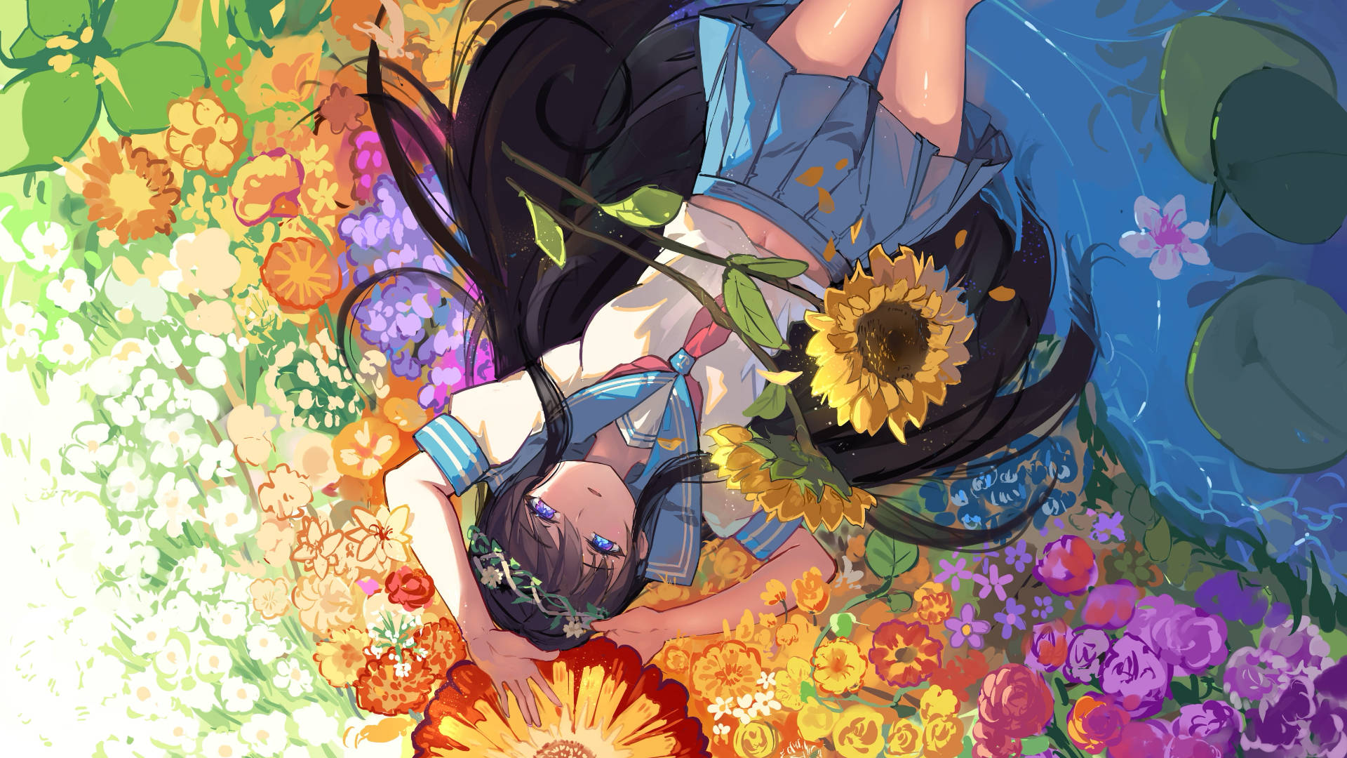 Anime Sunflower Girl Laptop, young anime girl, long black hair, Full HD Desktop Wallpaper