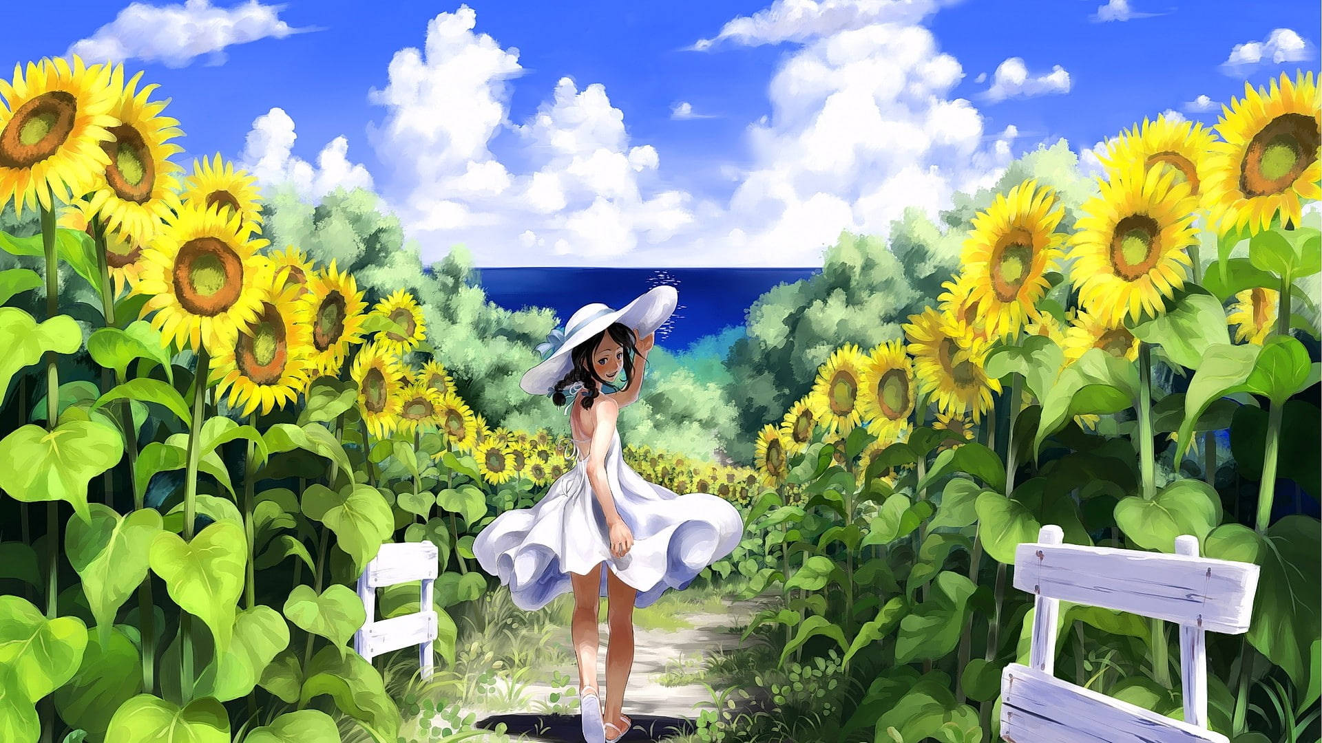 Anime Sunflower Field Laptop, girl, white dress, Full HD Desktop Wallpaper