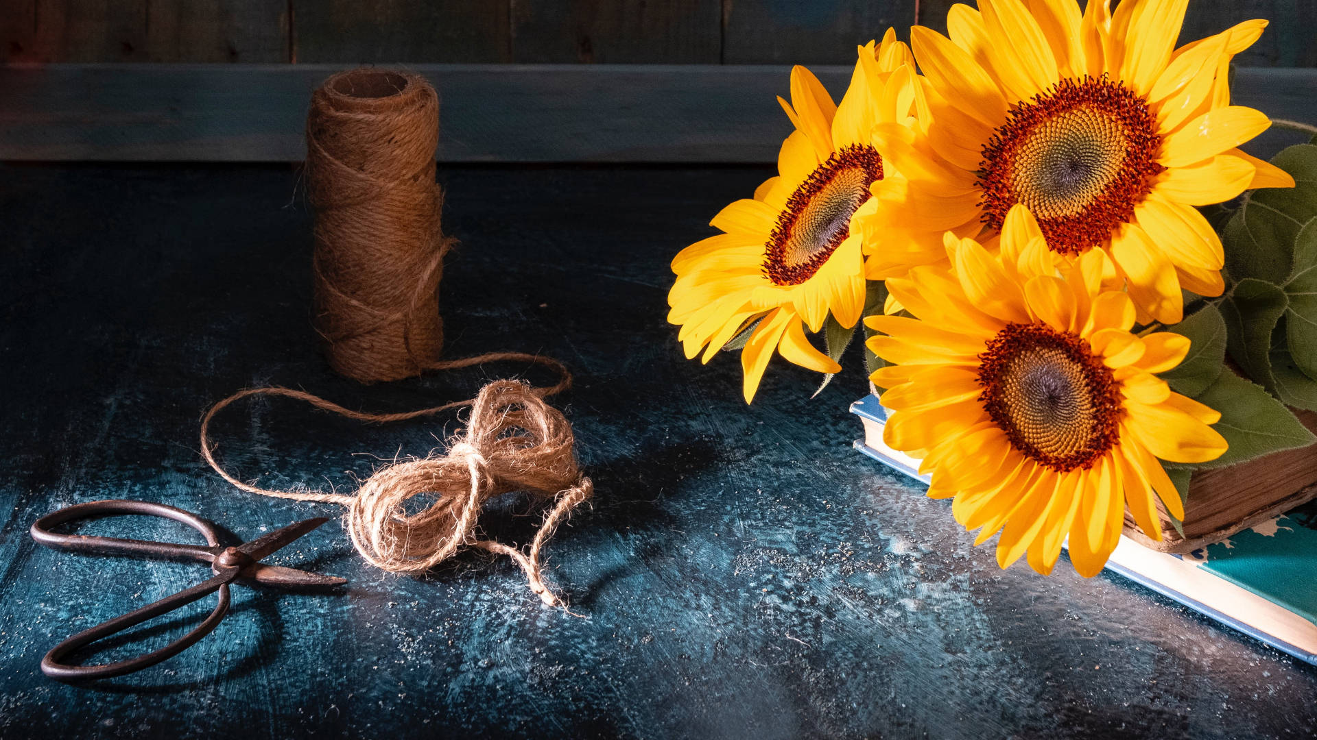 Twine And Sunflower Laptop, sunflowers, rustic twine, Full HD Desktop Wallpaper