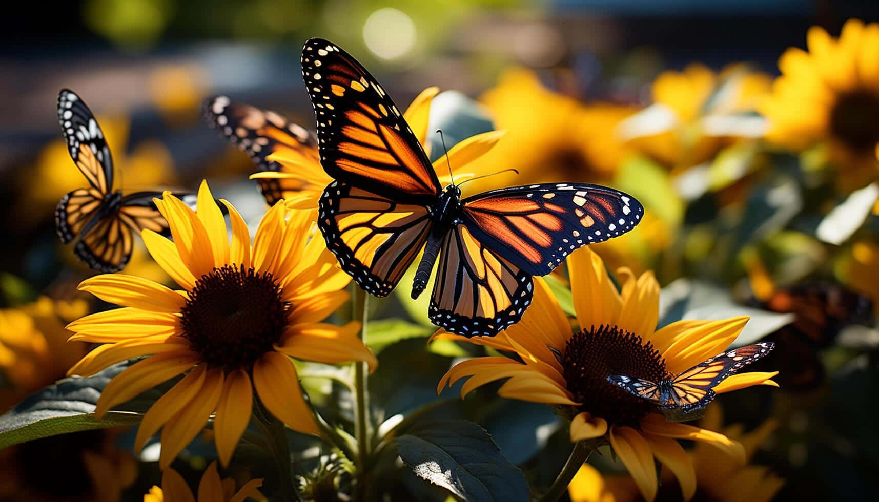 monarch butterflies, sunflowers, bright yellow, HD Desktop Wallpaper