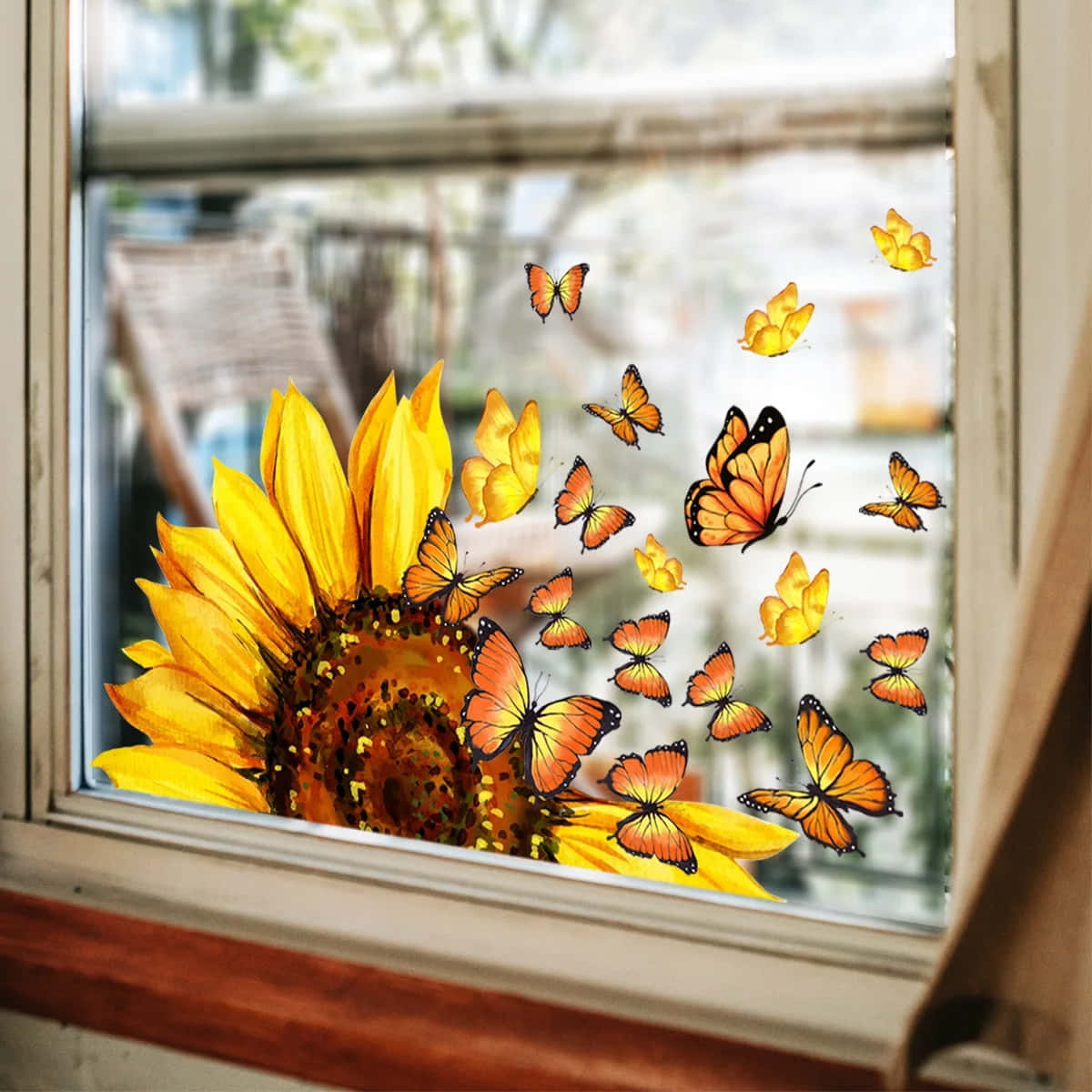 sunflower, orange butterflies, wooden-framed window, SD Desktop Wallpaper