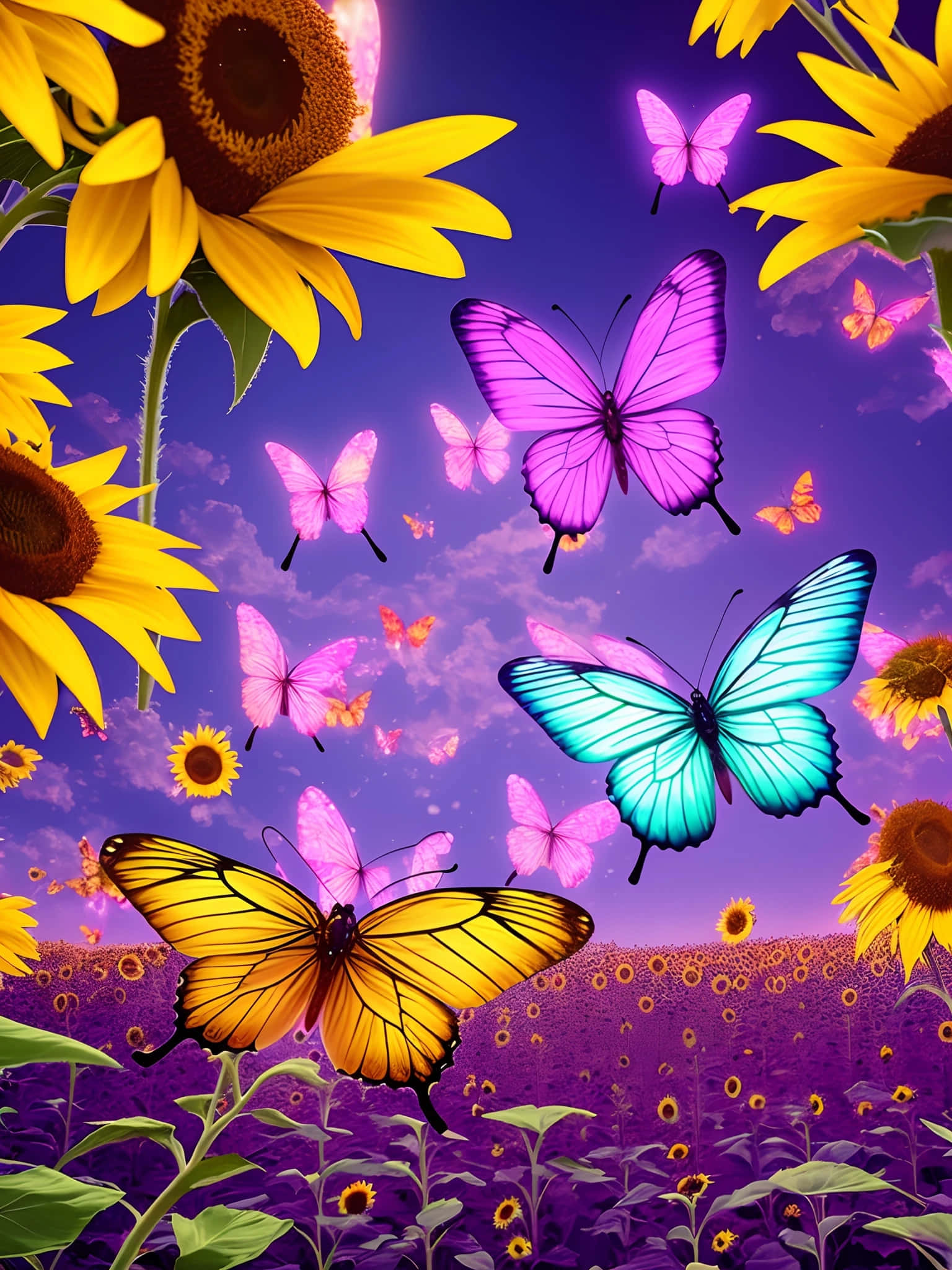 vibrant sunflowers, glowing butterflies, surreal purple sky, Full HD Phone Wallpaper