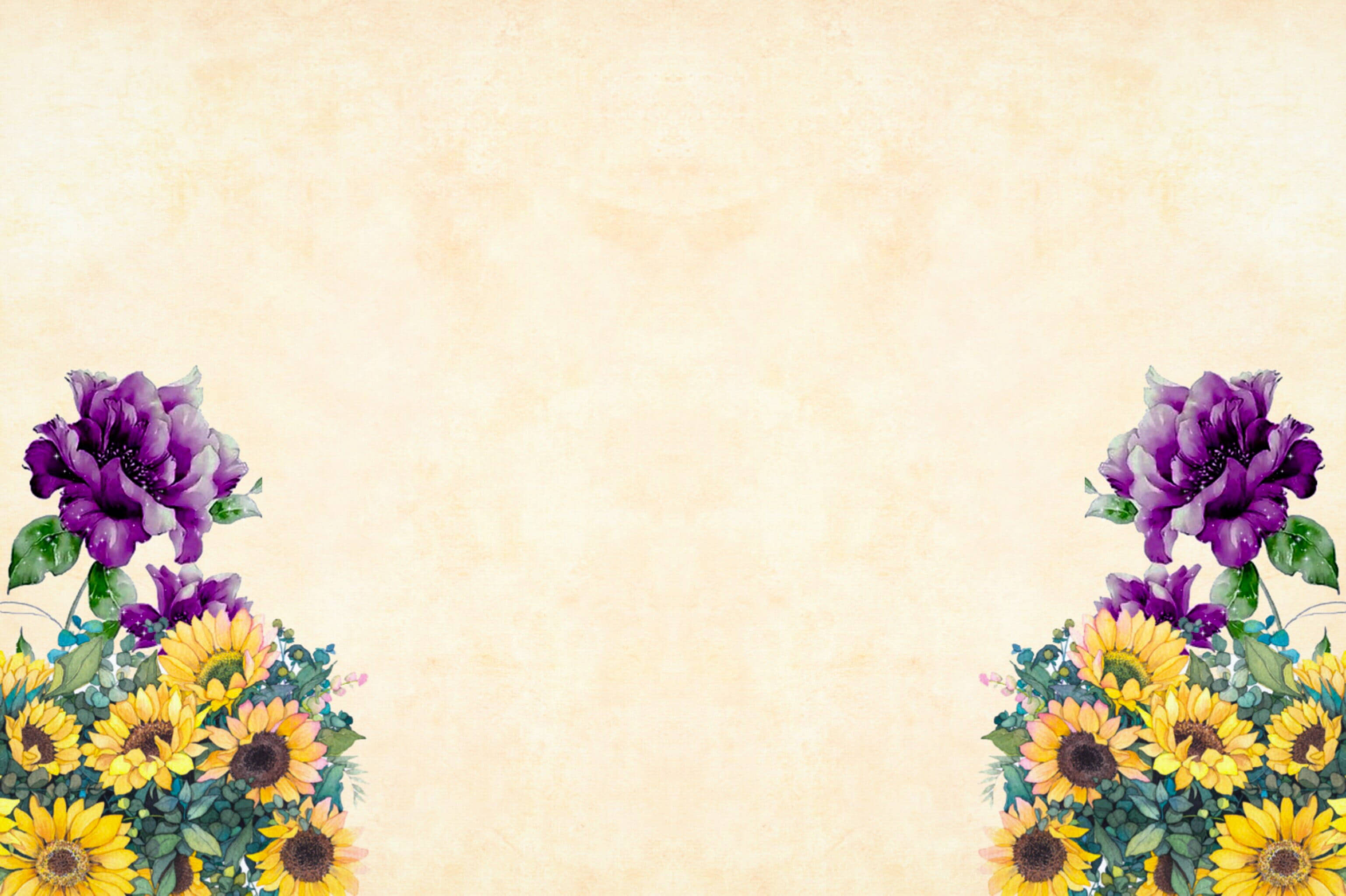 sunflower, purple peonies, watercolor, 2K Desktop Wallpaper