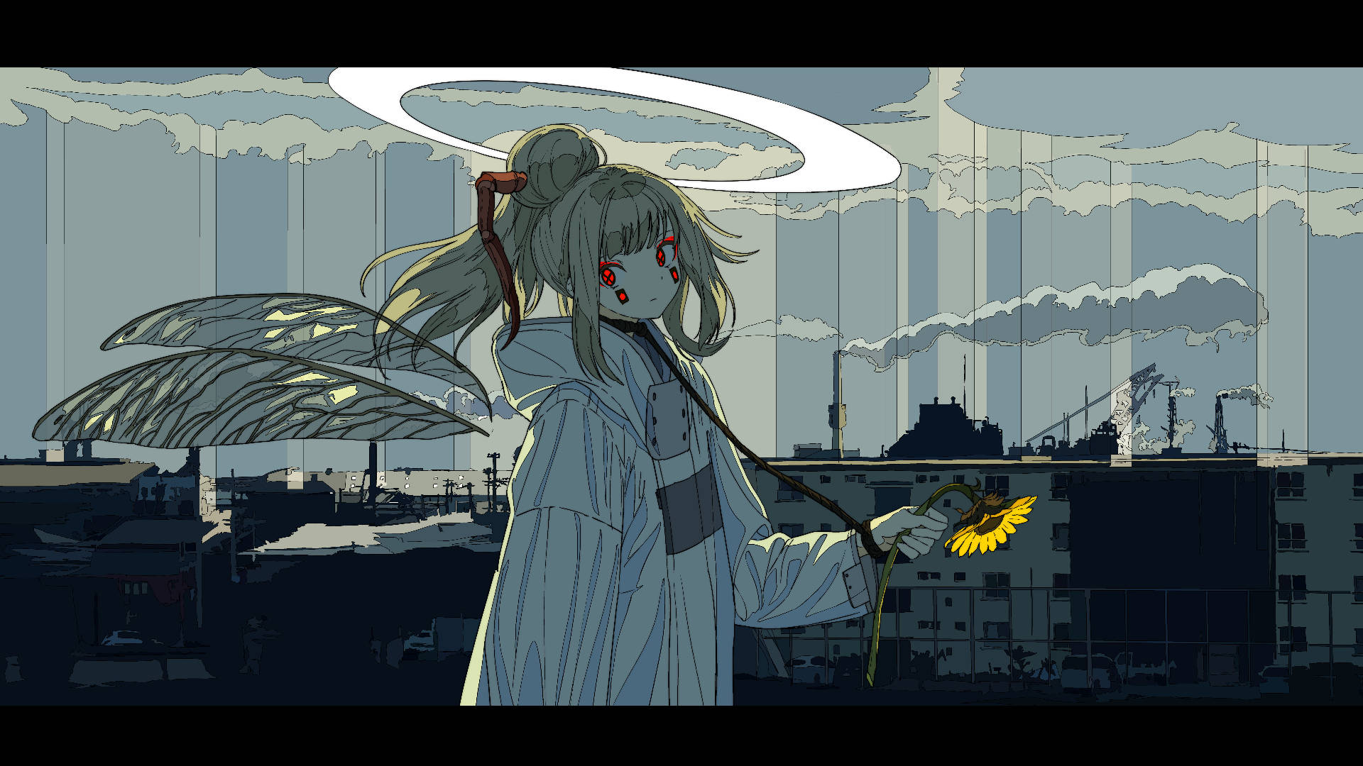 dystopian sunflower laptop, sunflower-themed laptop, melancholic anime girl, Full HD Desktop Wallpaper