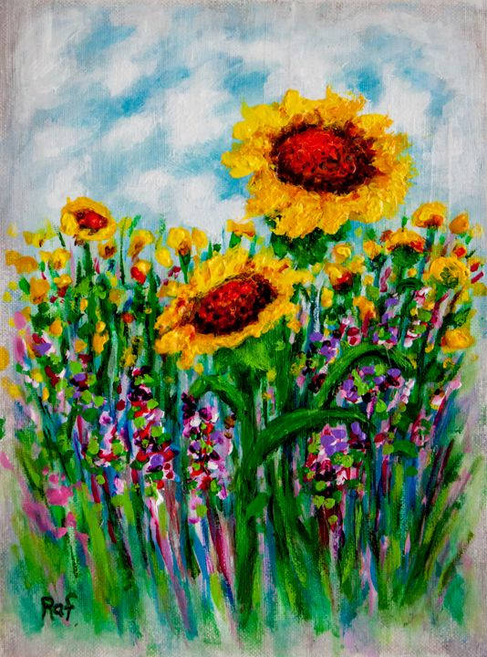 Sunflower Field, colorful painting, vibrant sunflowers, SD Phone Wallpaper