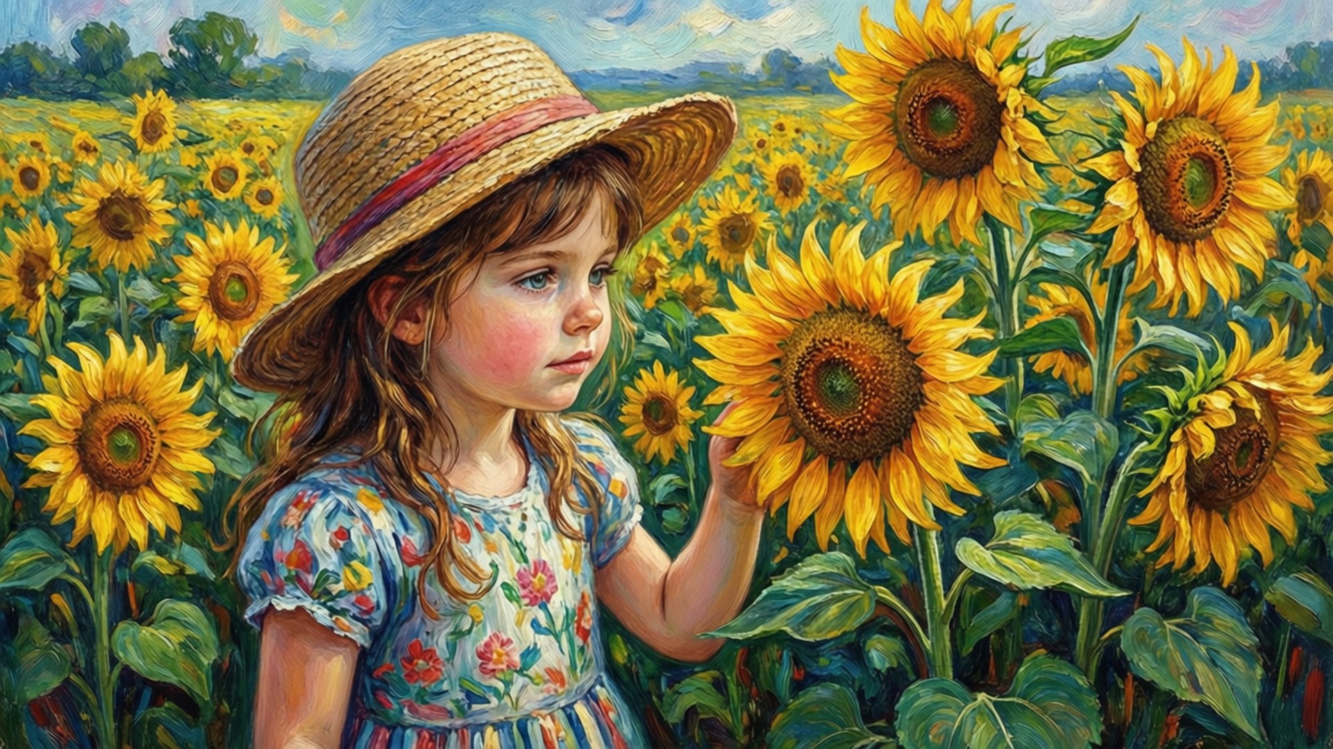girl, straw hat, giant sunflower, Full HD Desktop Wallpaper