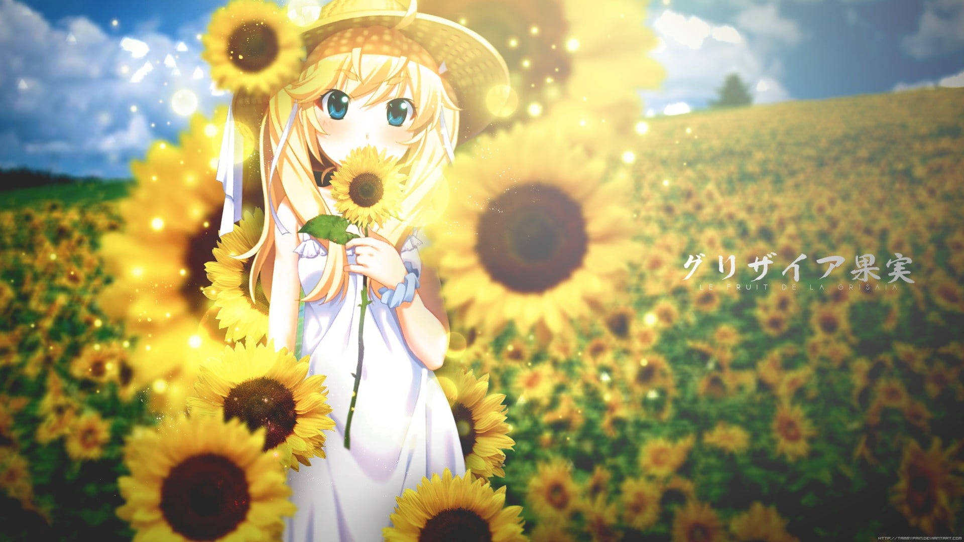 Blonde Sunflower Laptop, anime girl, sunhat, Full HD Desktop Wallpaper
