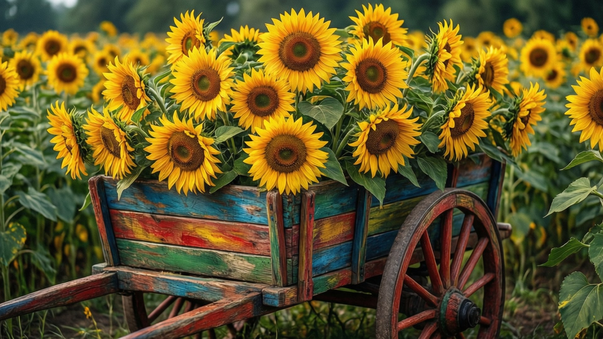 wooden cart, sunflowers, vibrant yellow, Full HD Desktop Wallpaper