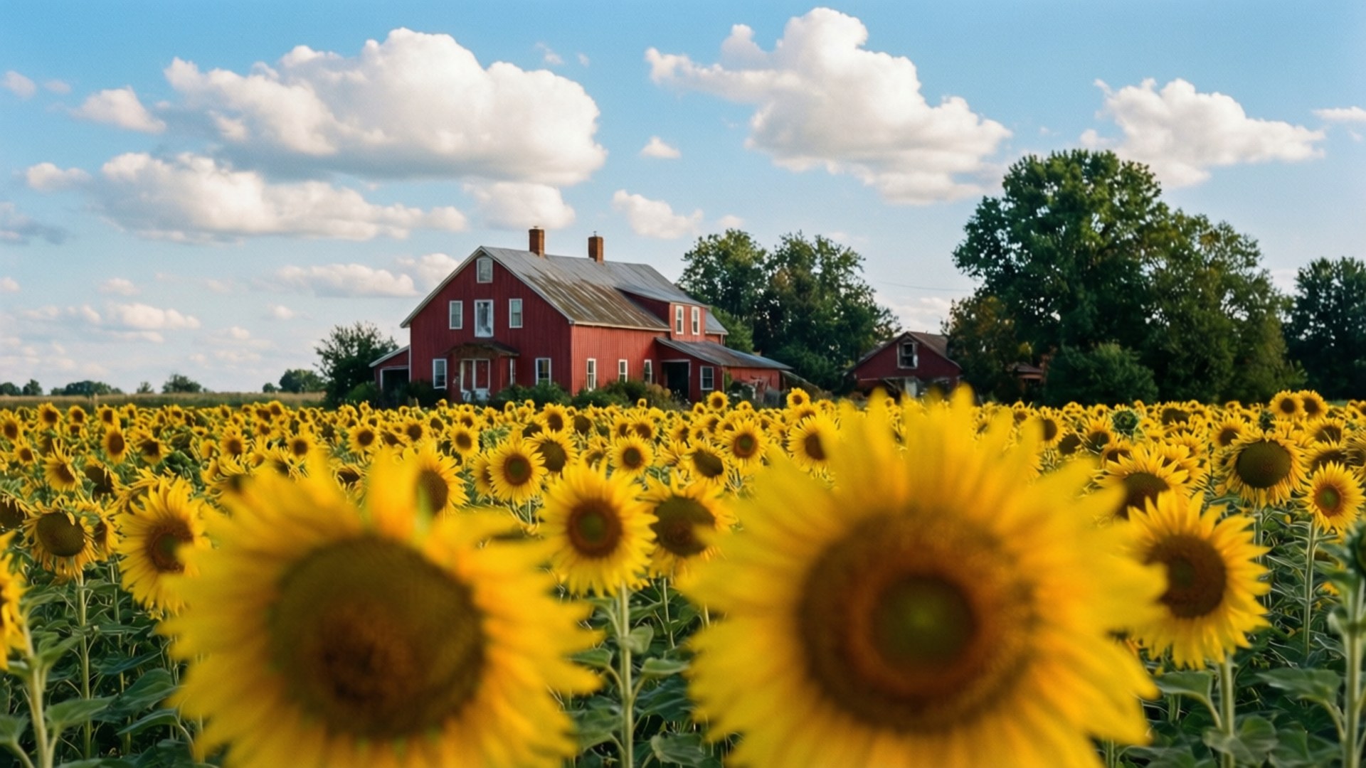farmhouse, sunflower field, red farmhouse, Full HD Desktop Wallpaper
