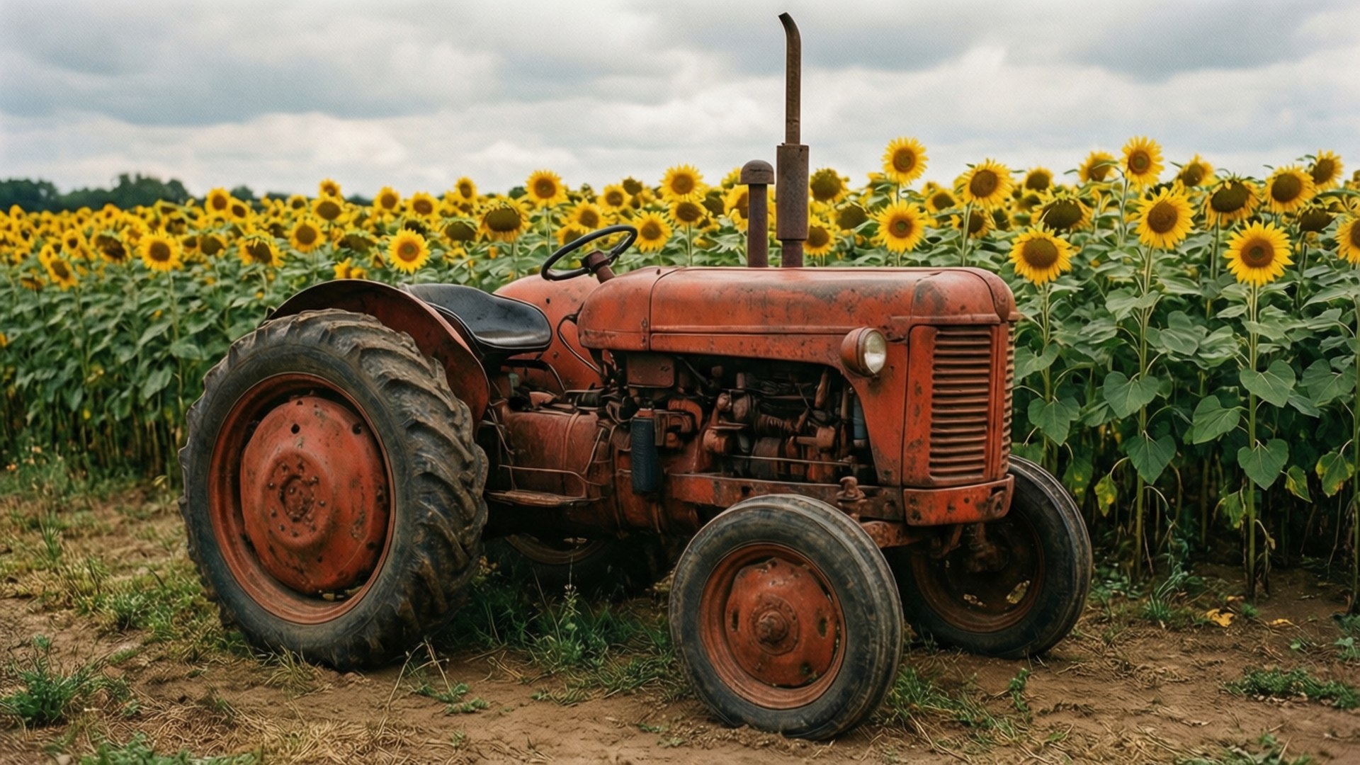 rusty red, vintage tractor, sunflower field, Full HD Desktop Wallpaper