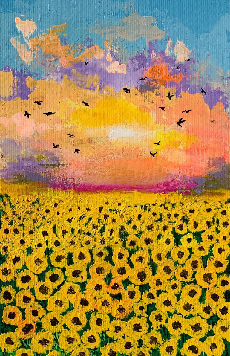 sunflower field, colorful sunset sky, oil painting, SD Phone Wallpaper