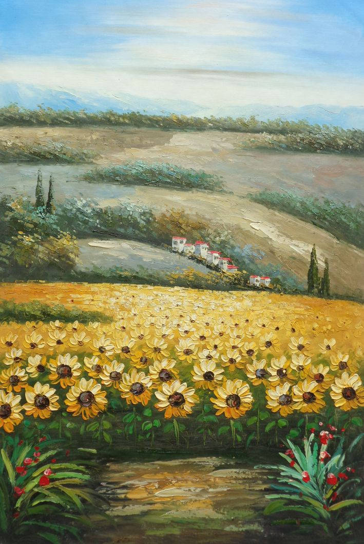Sunflower Field, oil painting, golden field, SD Phone Wallpaper