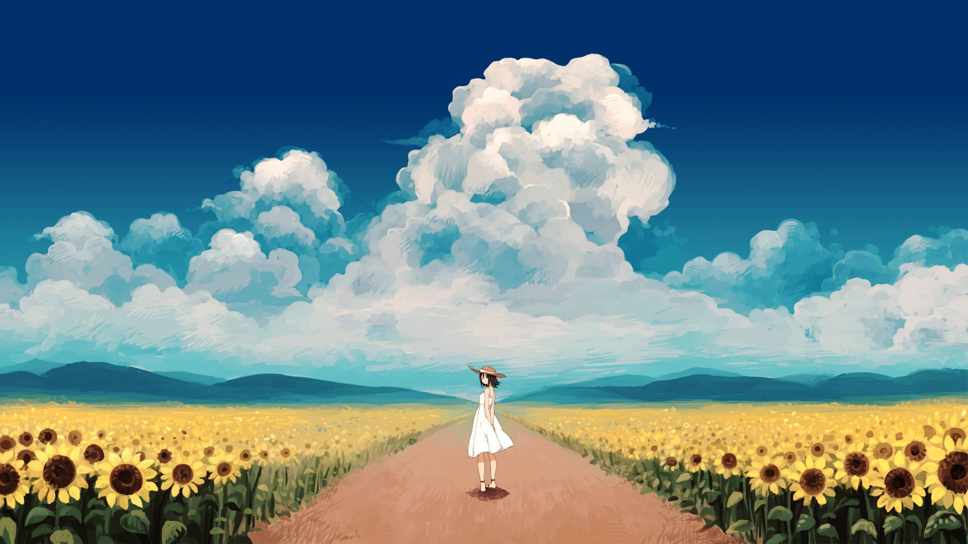 Sunflower Field Girl Painting, white dress, dirt path, Full HD Desktop Wallpaper