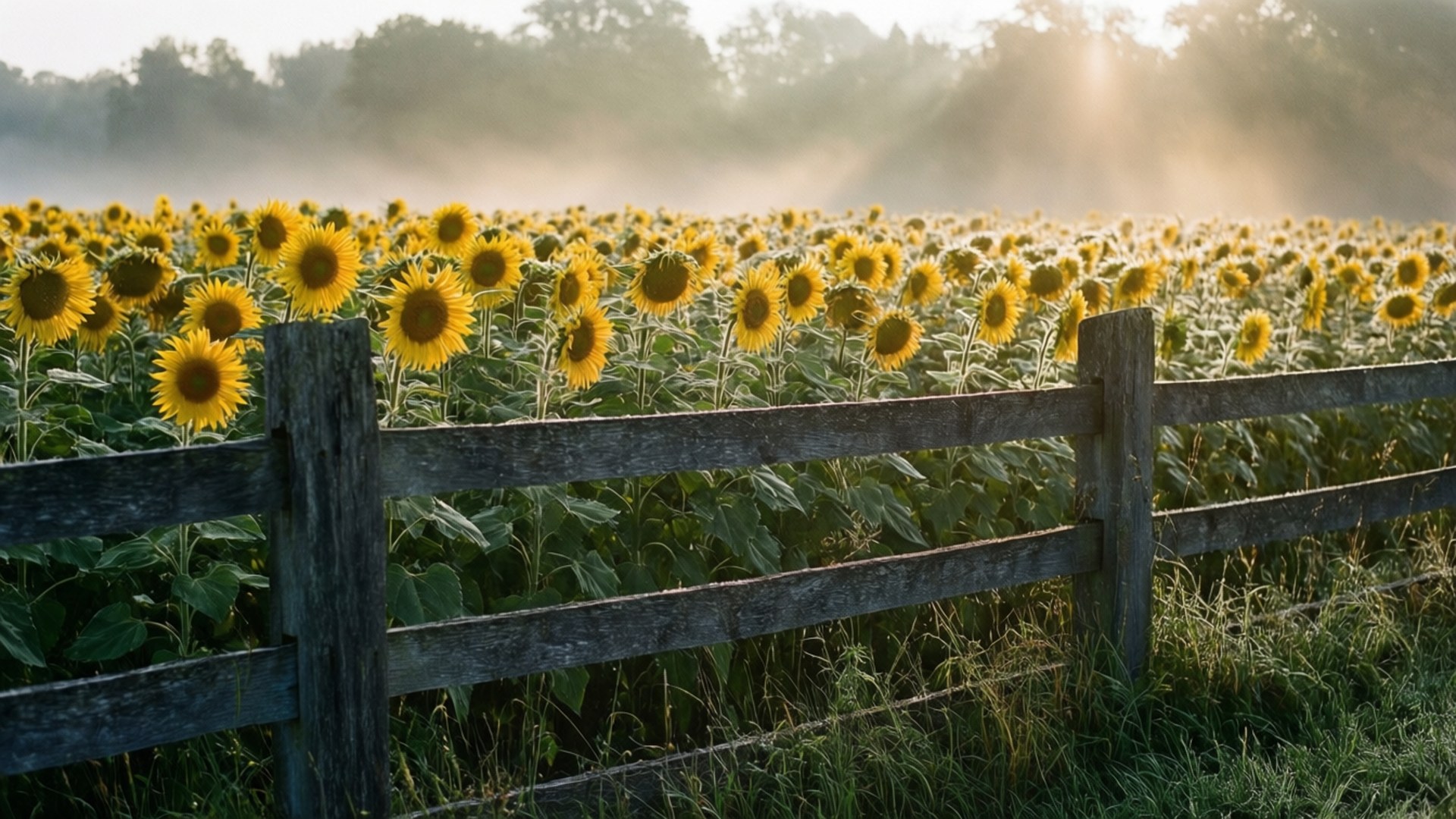 Misty Morning Fence, golden sunflowers, weathered wooden fence, Full HD Desktop Wallpaper
