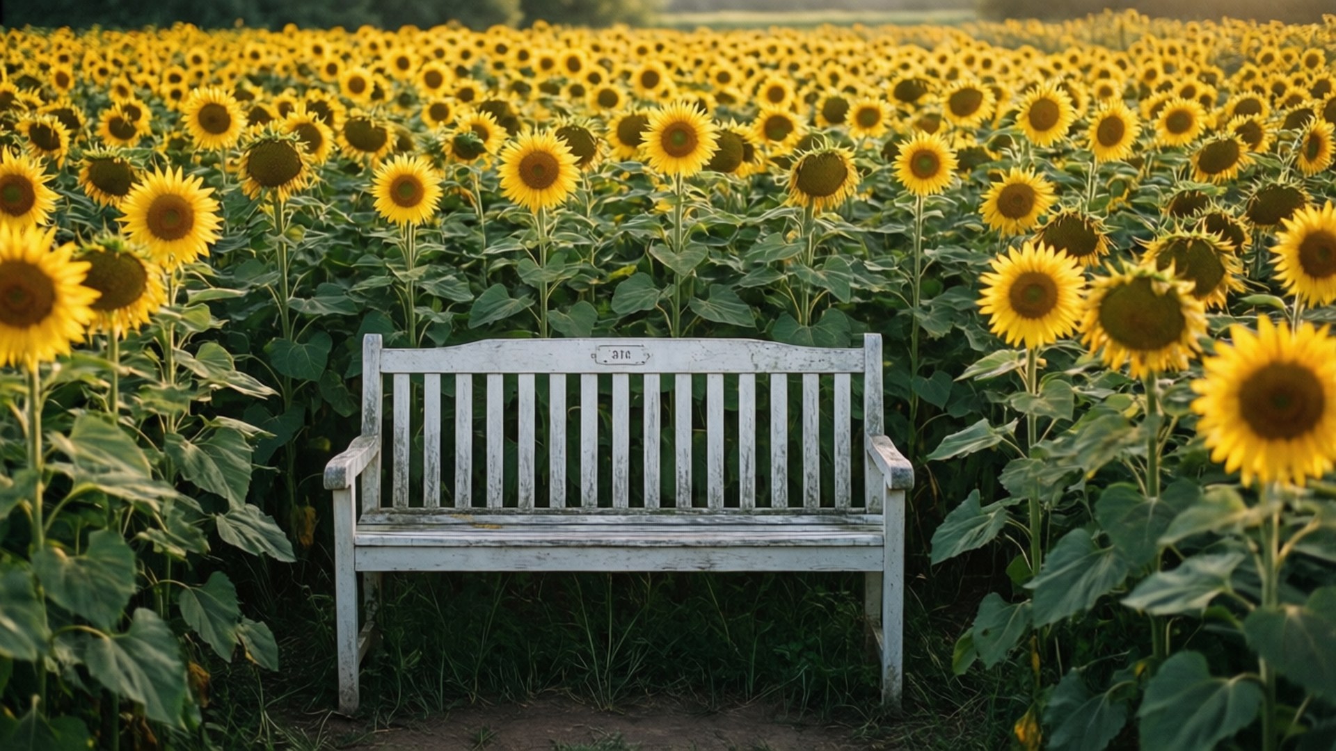 bench, field, sunflowers, Full HD Desktop Wallpaper