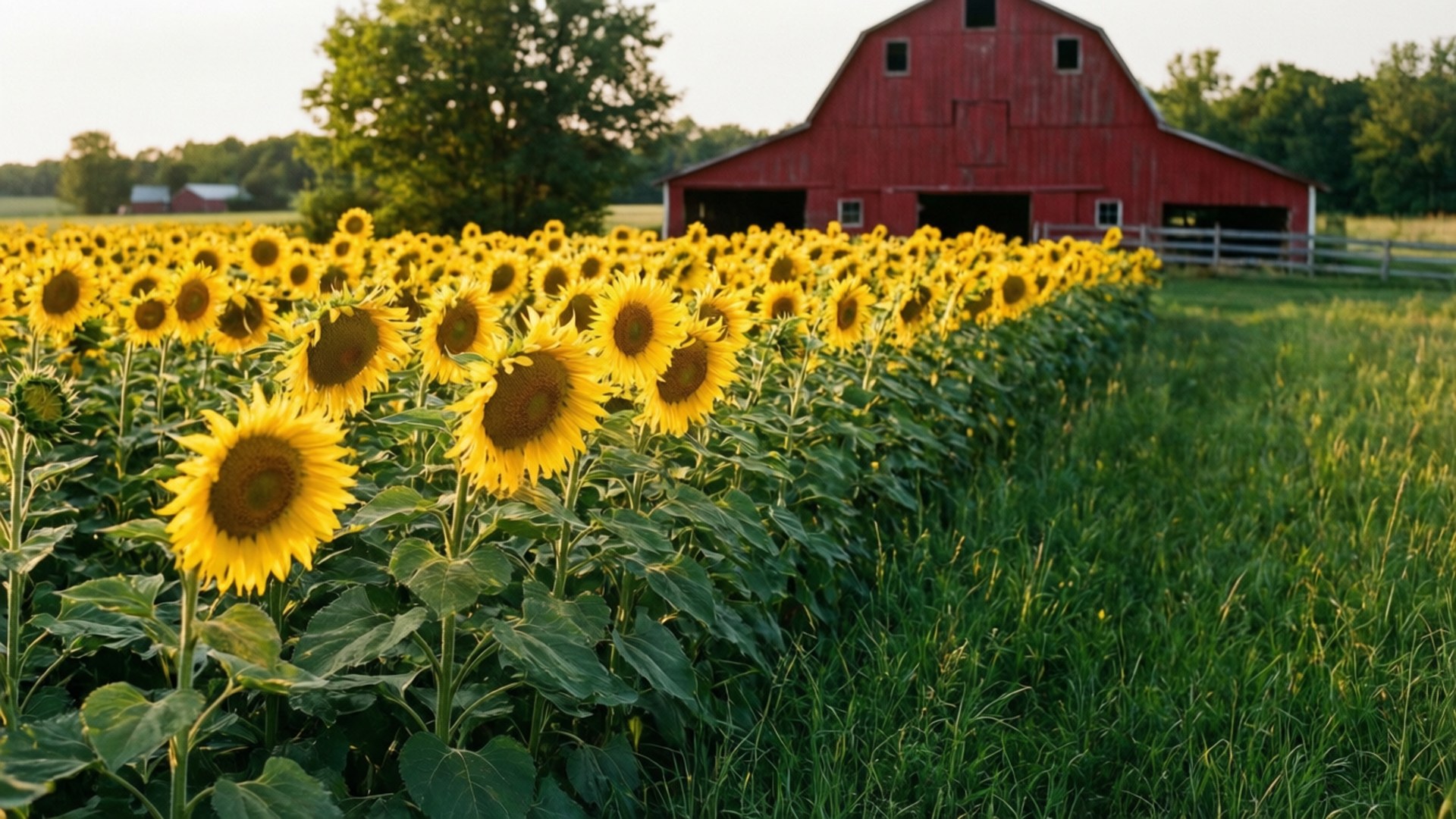 red barn, sunflowers, golden sky, Full HD Desktop Wallpaper