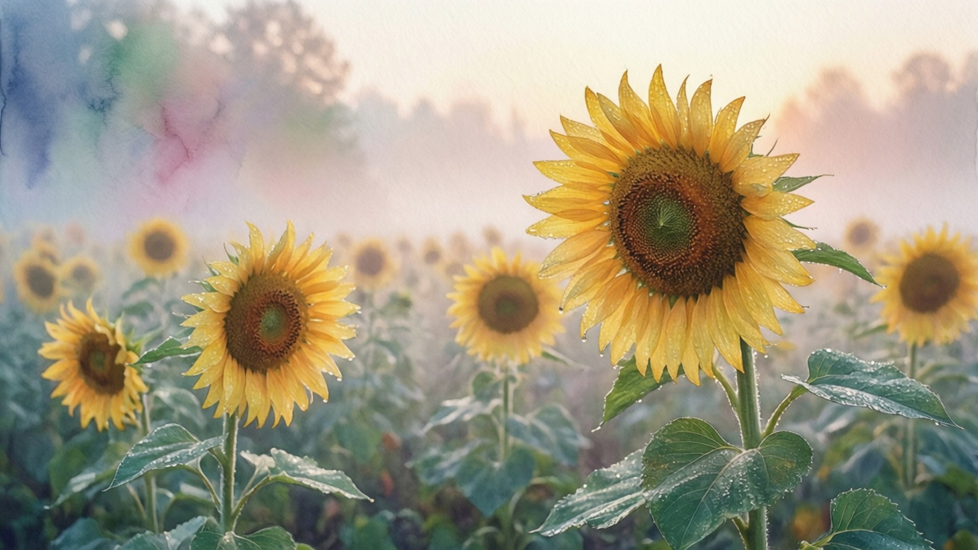 Morning Mist Sunflowers, sunflowers, misty field, Full HD Desktop Wallpaper