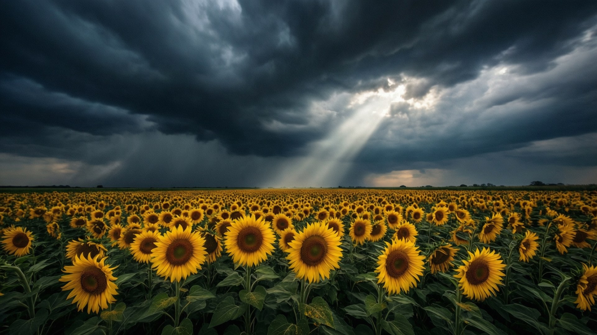 Sunflower Field, storm sky, sunbeams, Full HD Desktop Wallpaper