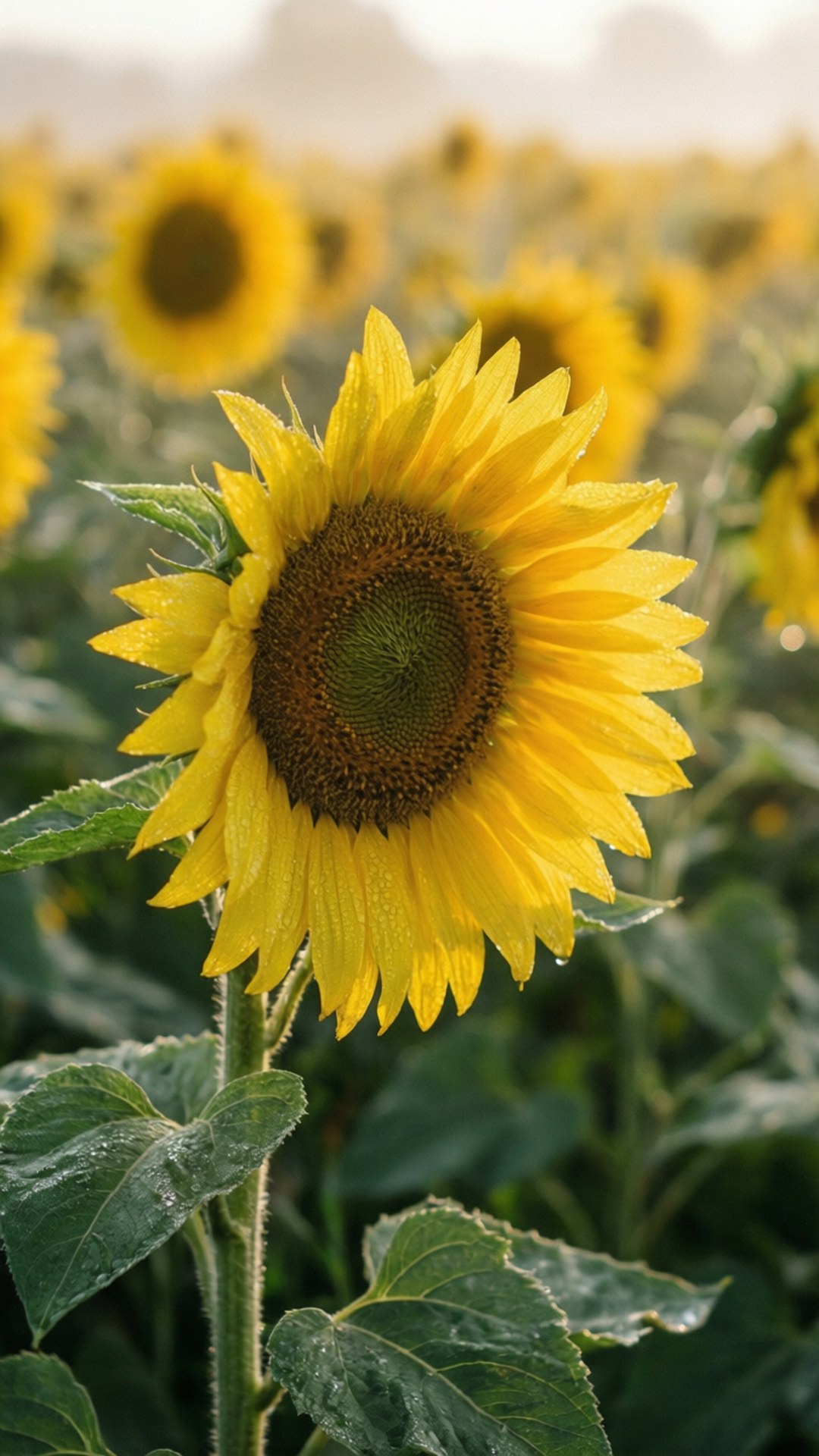 morning dew sunflowers, sunflower, dewdrops, Full HD Phone Wallpaper